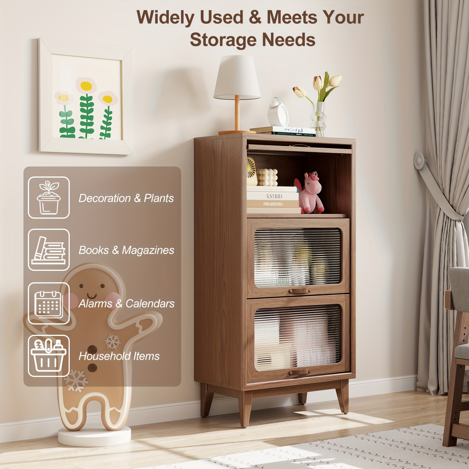 wooden bookshelf multi layer bookshelf with tempered cabinet glass door brown decorative cube storage box bookshelf multi functional storage cabinet suitable for kitchen home office Product details 4