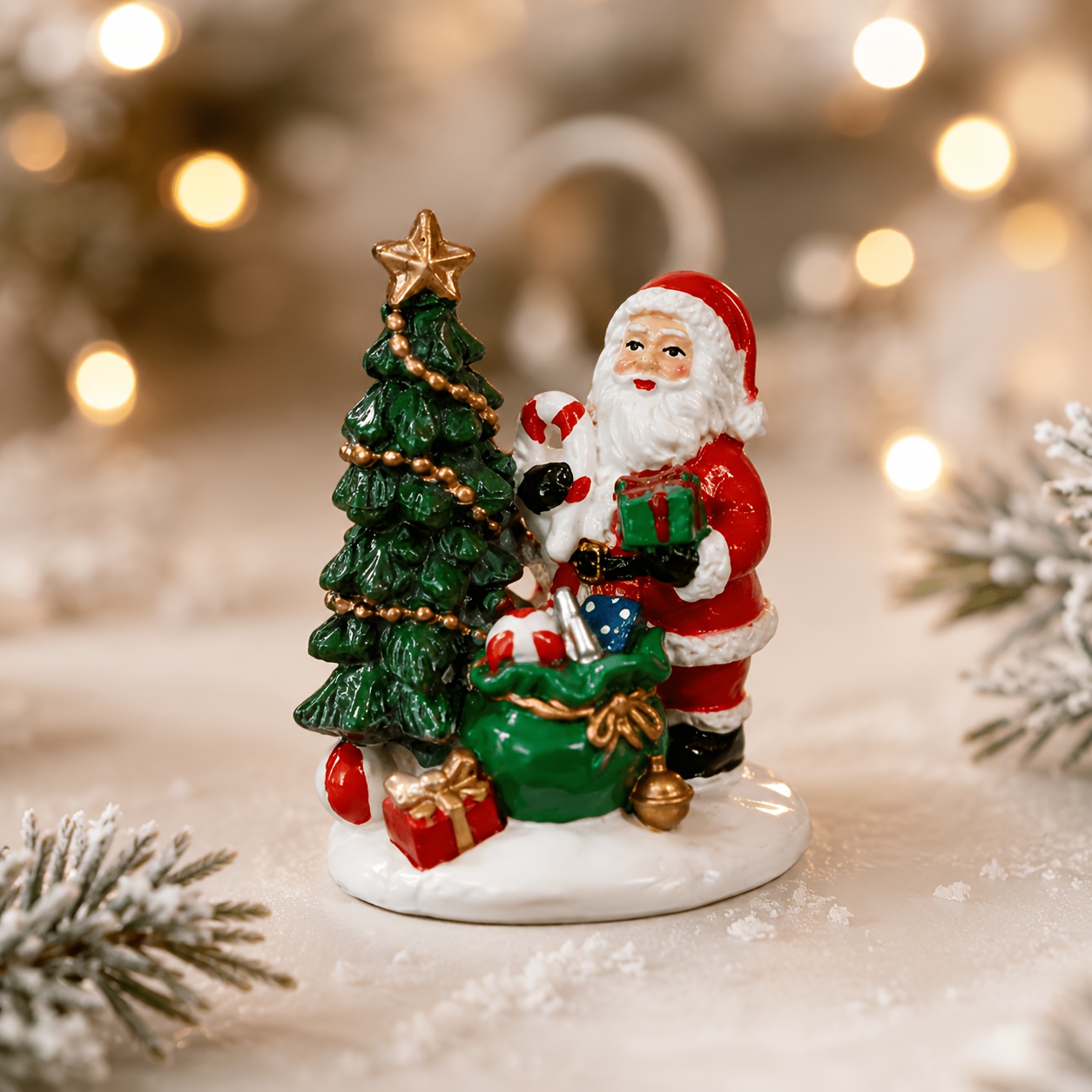 TEMU Resin Santa Ornament, Hand-painted Santa Statue With , Gift Bag And Wrapped Present, Snow-based Small Desktop Decoration, Micro-landscape