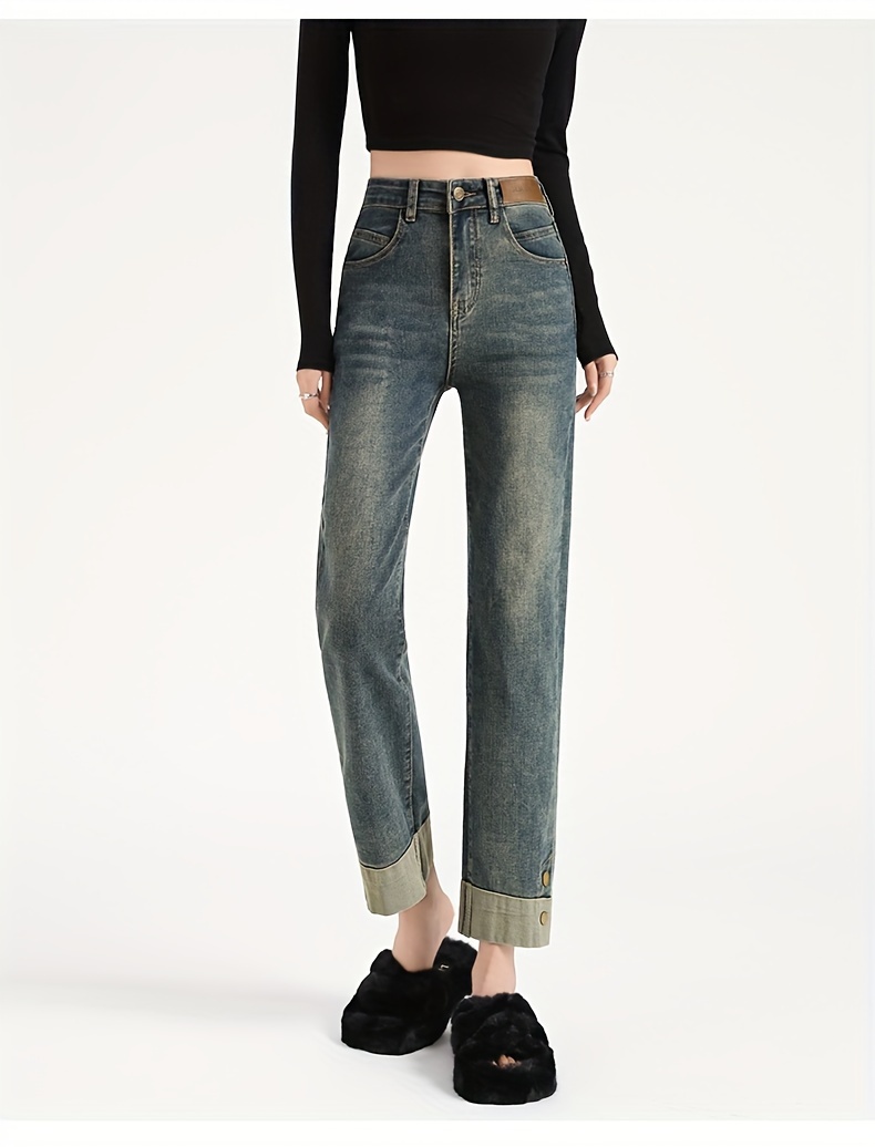 Roll Up Hem Retro Washed Straight Leg Jeans, High * Slash Pocket Denim  Pants, Women's Denim Jeans & Clothing