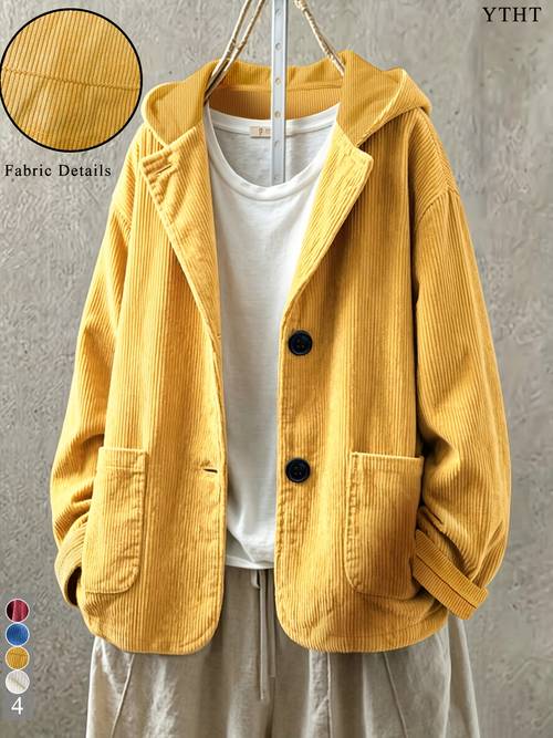 women vintage hooded corduroy outerwear loose fit long sleeve button jacket with pockets solid color casual oversized shacket lightweight daily street for autumn winter casual attire