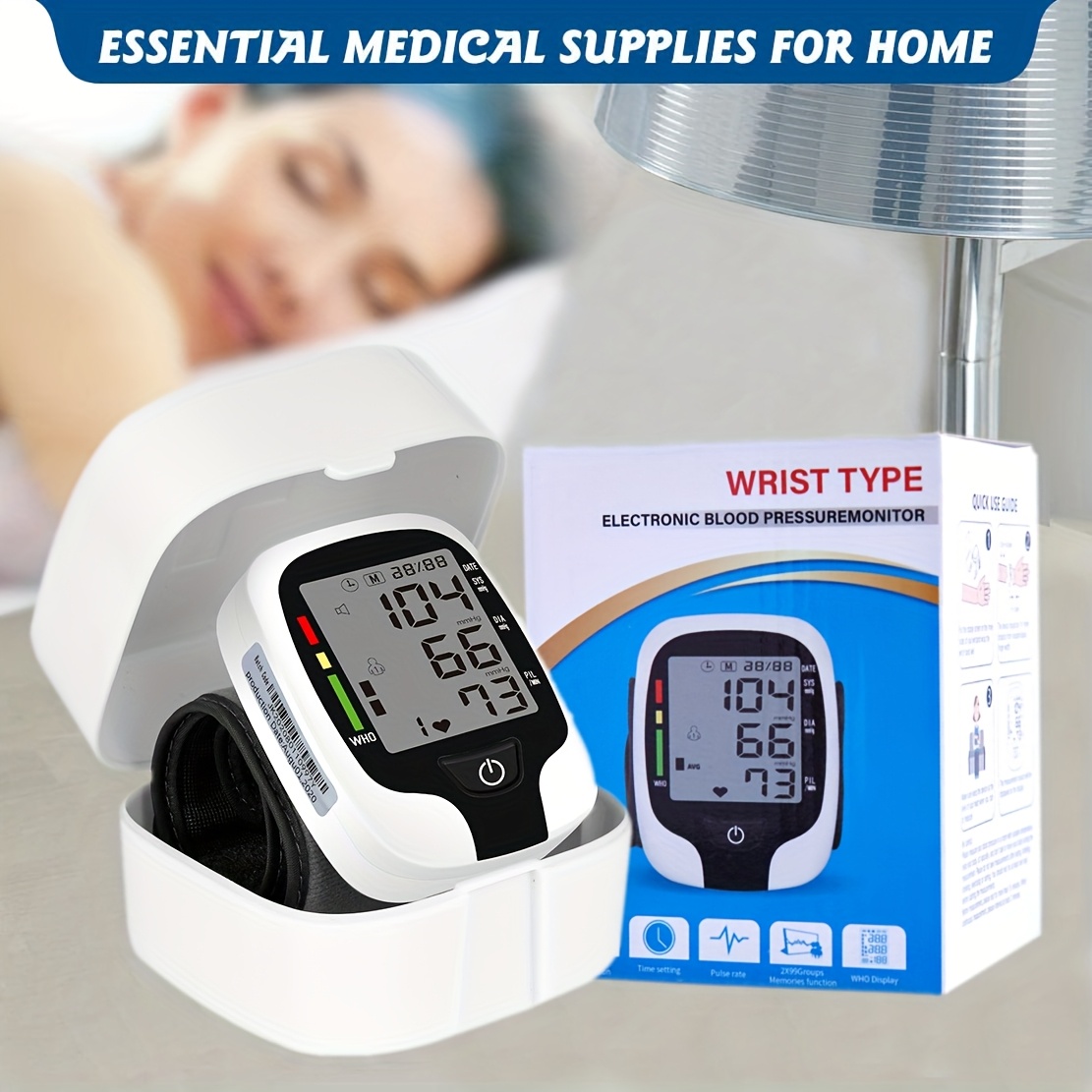   wrist   lcd display adjustable cuffs arrhythmia and   monitor   broadcast and easy to read lcd screen to show your blood pressure battery powered battery not included Product details 6