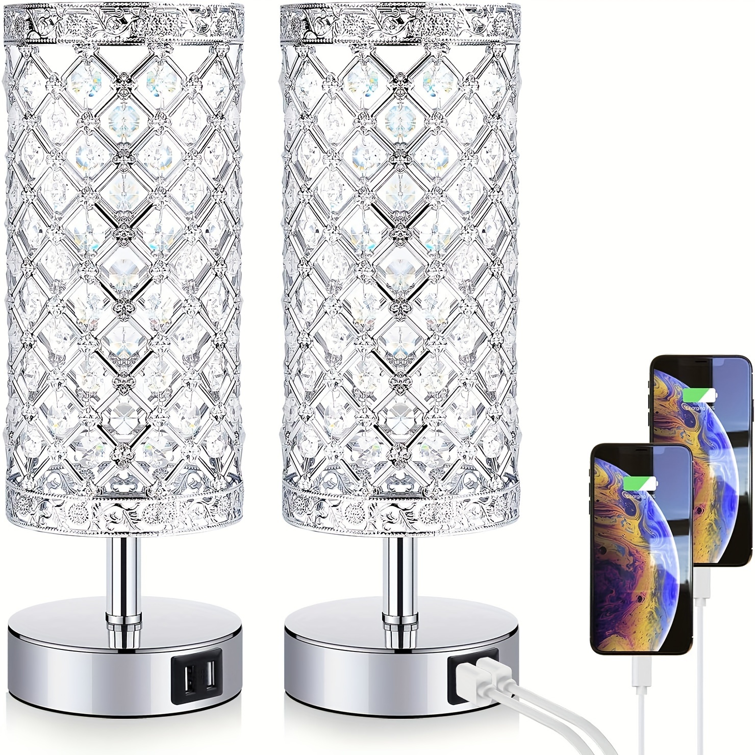 

Touch Control Crystal Table Lamp Set Of 2 Bedside Nightstand Lamps With 2 Usb Charging Ports, 3-way Dimmable, K9 Crystal Decorative Desk Lamp For Bedroom, Girls Guest Room, Living Room, Bulbs Included