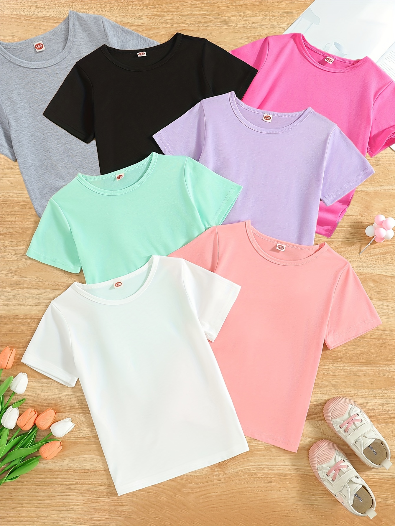 7pcs Girls' Solid Color Short Sleeve T-Shirts