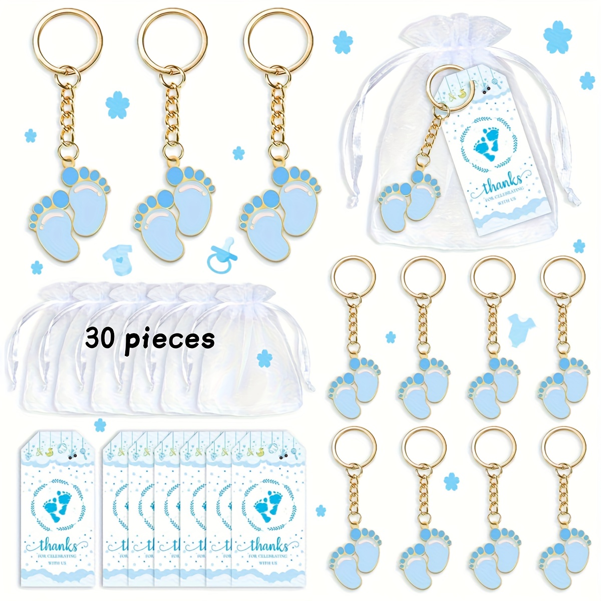 E-shop Geschenk für Sie/Ihn 30 Stück Babyparty Gastgeschenke mit blauem Schlüsselanhänger Geschenke mit weißen Organzabeuteln und Dankeschön-Anhängern