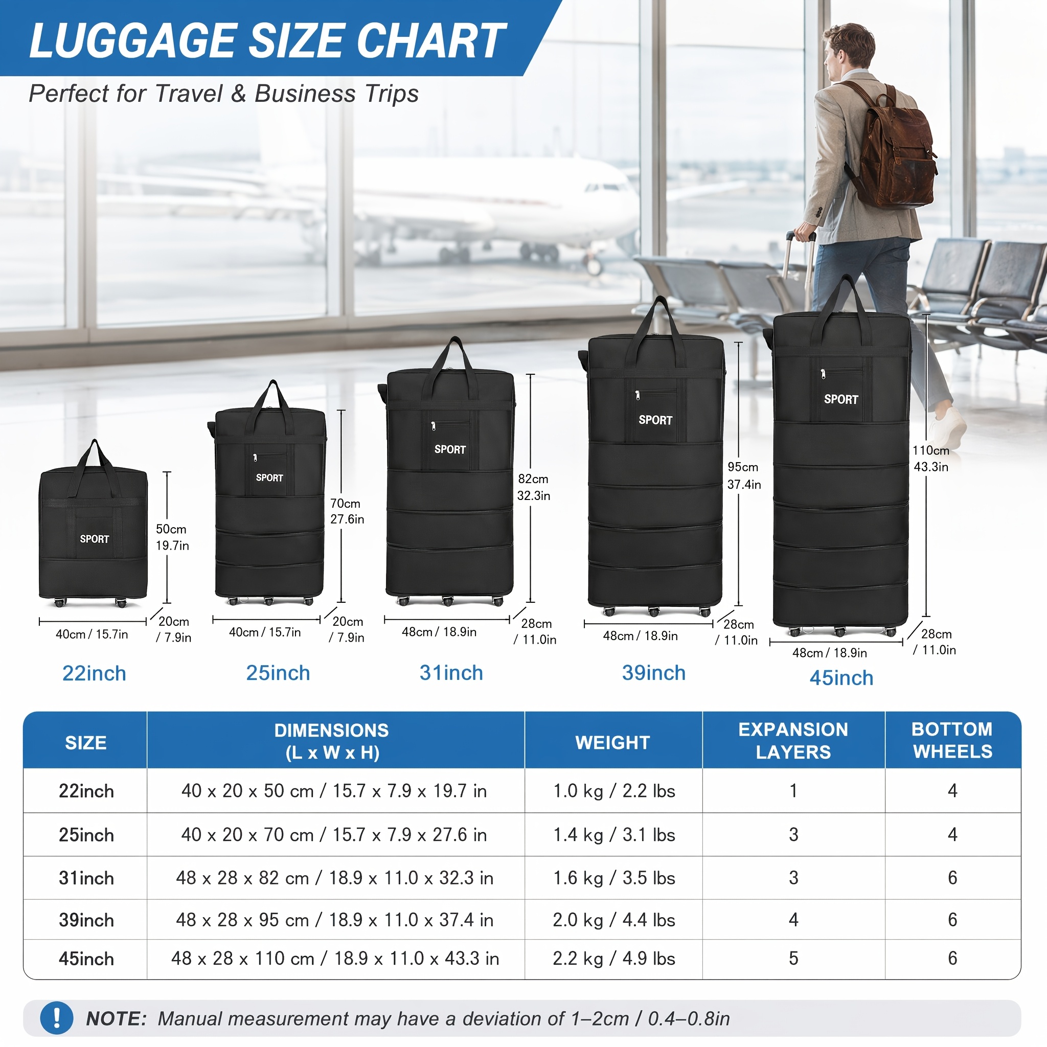 Image of Expandable Rolling Duffel Bag - Foldable Suitcase With 360° Spinner Wheels & Oxford Fabric, 31/39/45 Inch Black Travel Bag For Vacations, Camping, Hiking, Business, Luggage For Travel