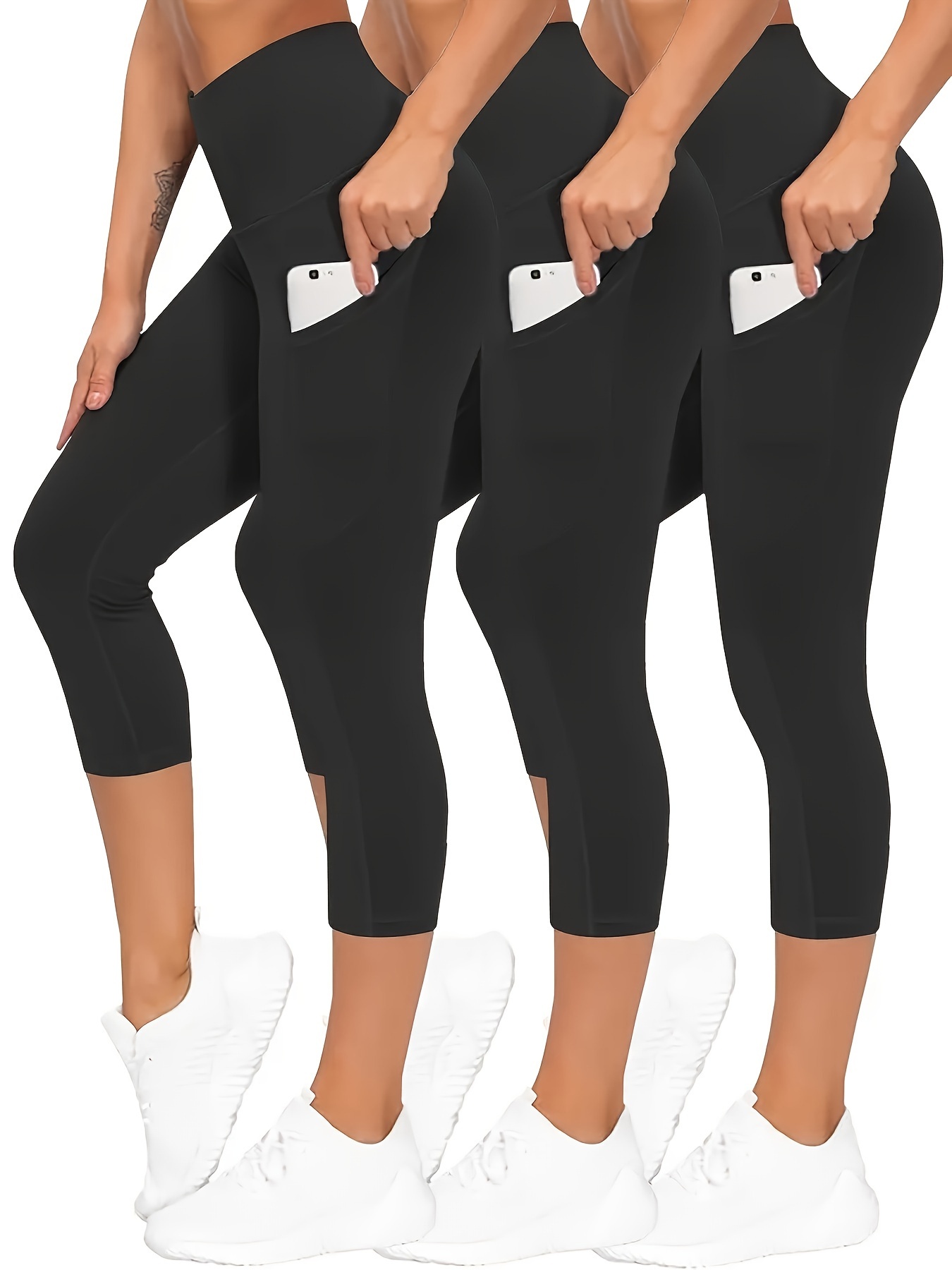 Women's Capri Leggings, Solid Pocket Stretchy Capri Leggings