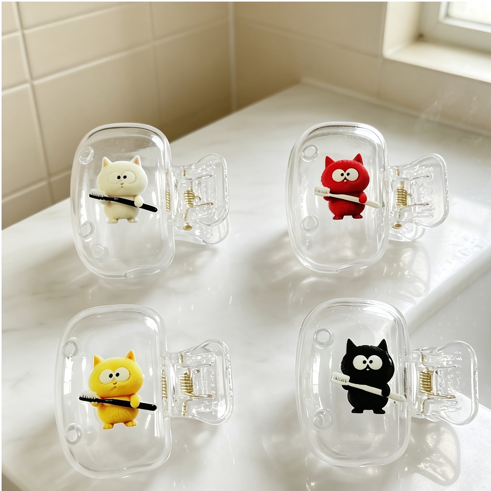 TEMU Cute Kitten Holding A Toothbrush Design Toothbrush Clip, Portable Set For Home Use, Home Organization, Travel Essentials, Oral Care Accessories.