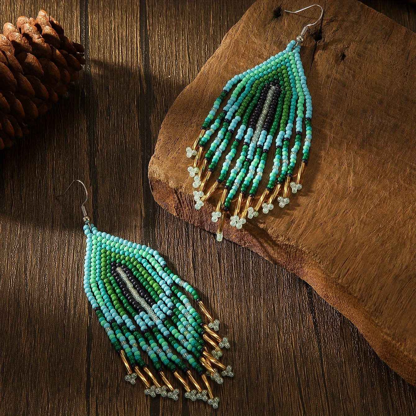 Women's Bohemian Drop Earrings, Teal Green & Golden Accent Beaded