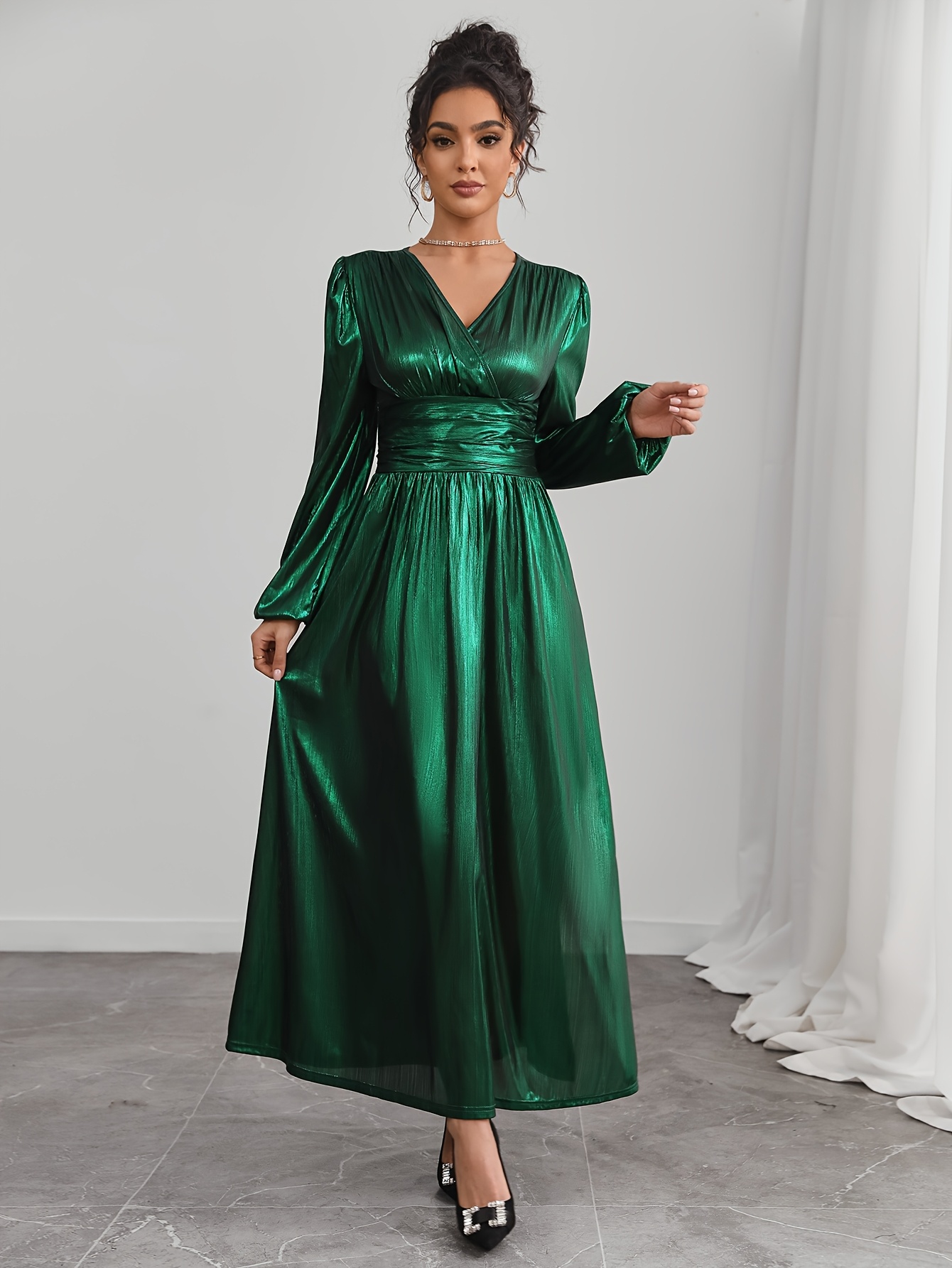 celebrity long hl dress Blue Rihanna Satin Long Sleeves Dress Slit Prom Celebrity Evening Form –  Hoprom main image 1