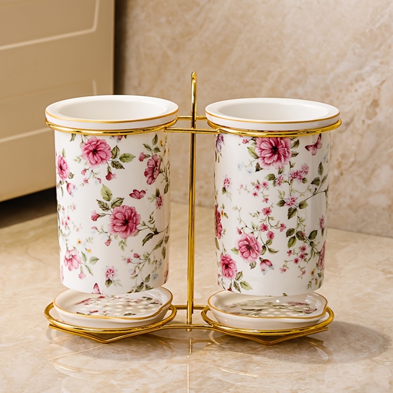 TEMU 1 Set, Rustic-style Dish Rack, Storage Shelf - Golden-threaded Small Floral Ceramic Storage Jar With Metal Stand And Draining Tray, Suitable For