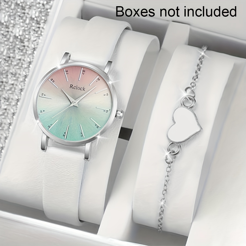 

2pcs/set Women's Ombre Gradient Dial Quartz Watch Analog Pu Leather Wrist Watch & Heart Bracelet, Valentines Gift For Her