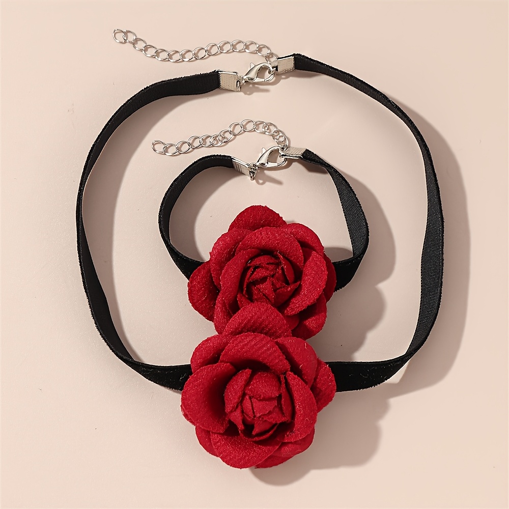TEMU Romantic Temperament Large Rose Flower Necklaces With A Wide Black Velvet Choker, Women's Fashion Jewelry And Party Gifts