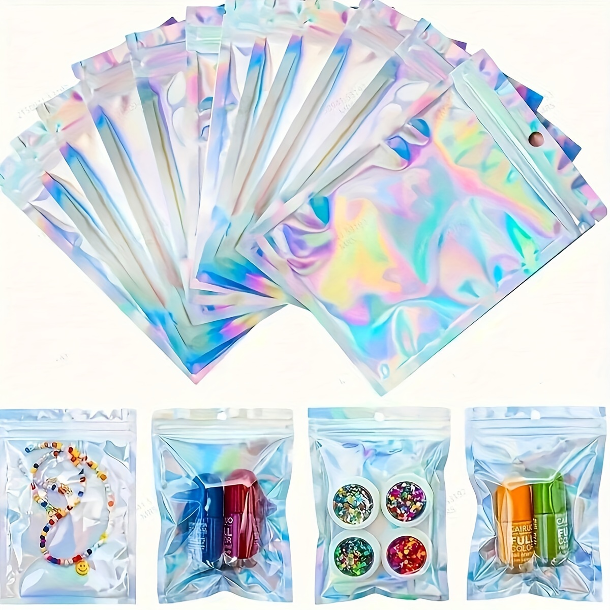 

/50pcs Fun Ab Color Light Plastic Simple Transparent Laser Color Storage Bag Earrings Pp Packaging Bag Necklace Bracelet Ring Diy Small Items