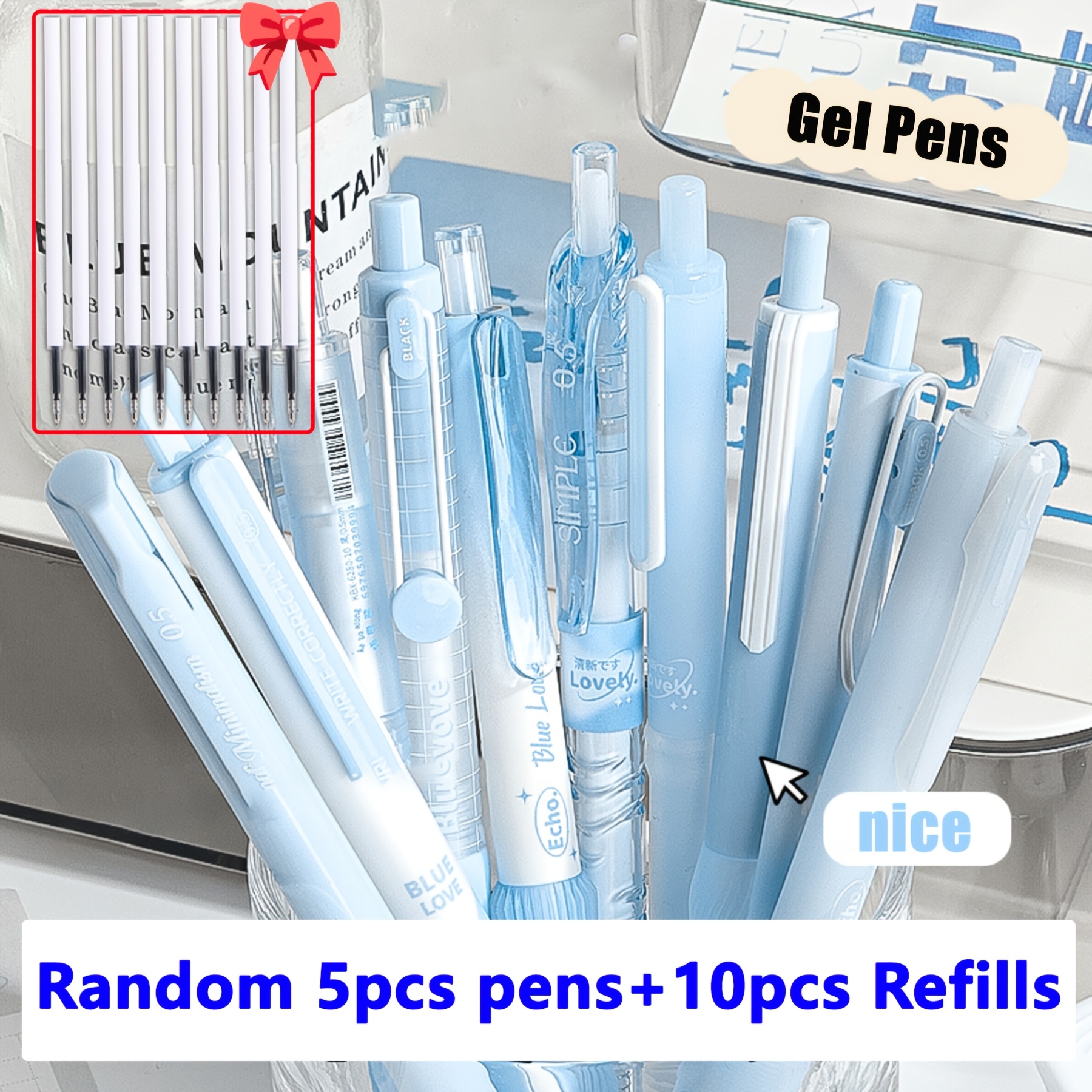 TEMU Random 5pcs Gel Pens And 10pcs Pen Cores, Comfortable Grip, Smooth Writing, Easy To Carry, Suitable For Book Writing, Exams, Sketching, Office ,