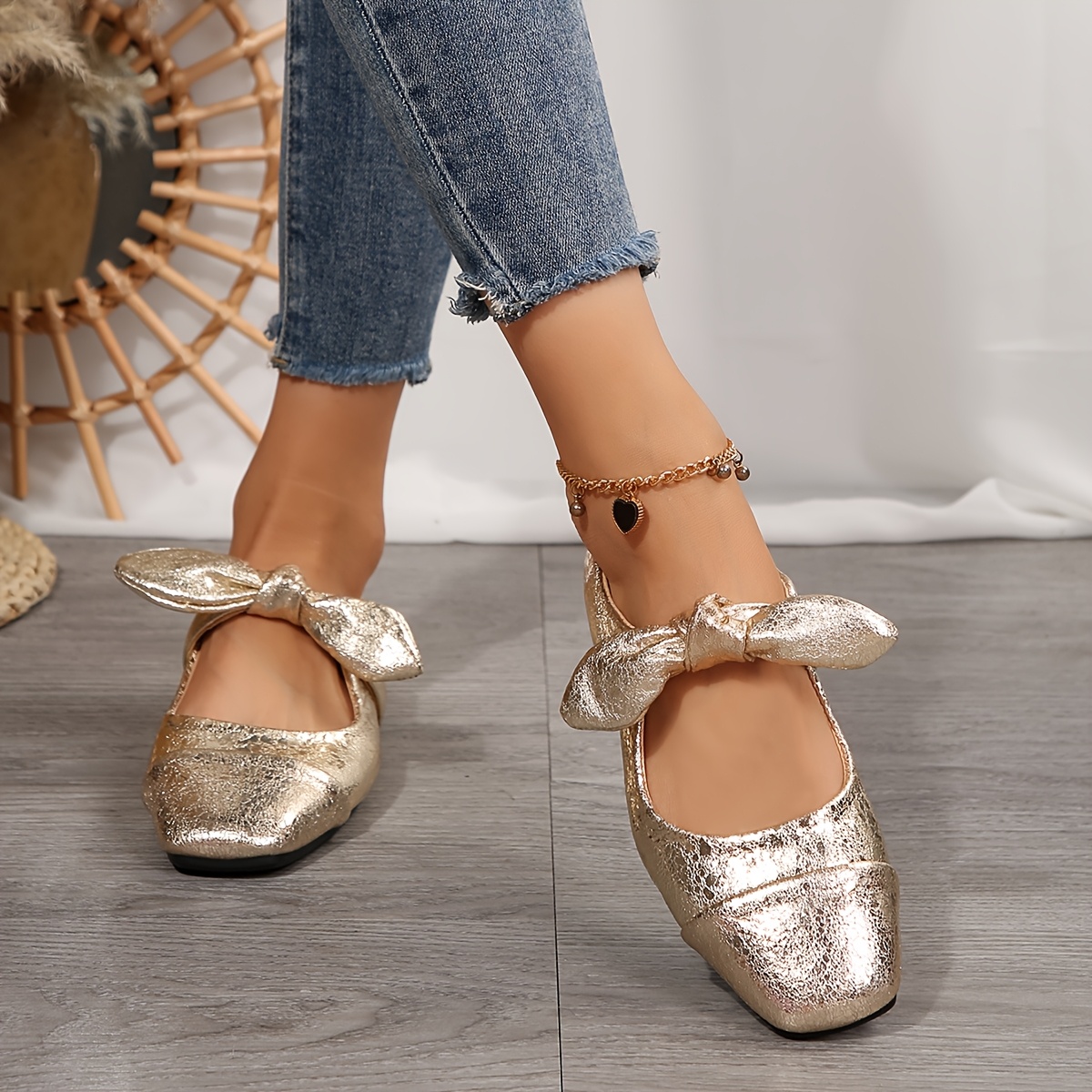 Zapatos de Mujer con Dorado, Punta Cuadrada y de Bailarinas sin  Cordones con Cubierta de PU, Plantilla Cómoda de PU y de G