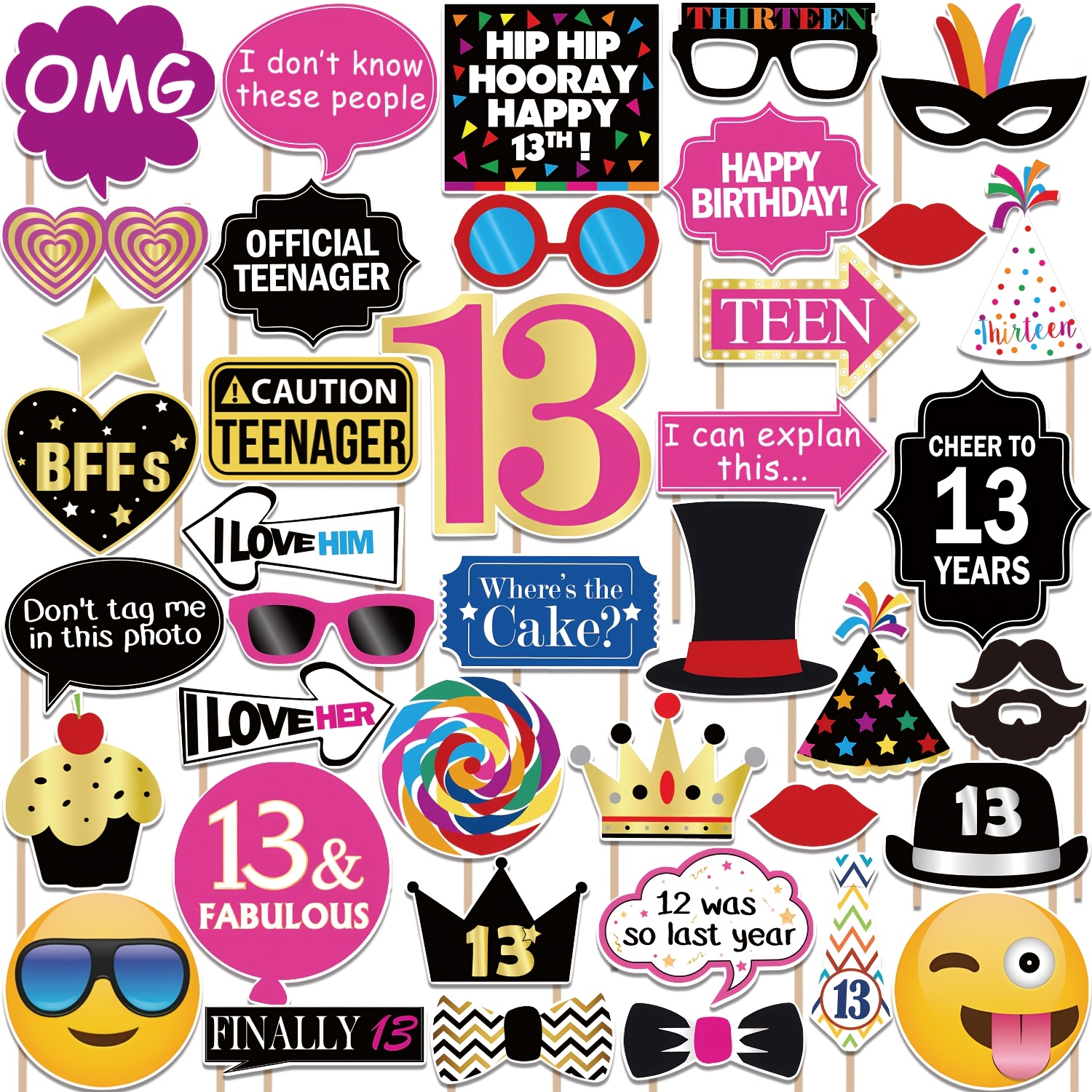 

40pcs Teenager Birthday Photo Booth Props, Funny 13th Birthday Party Supplies, Paper Photo Booth Props For 13th Birthday Celebration, Universal Decorations For Room