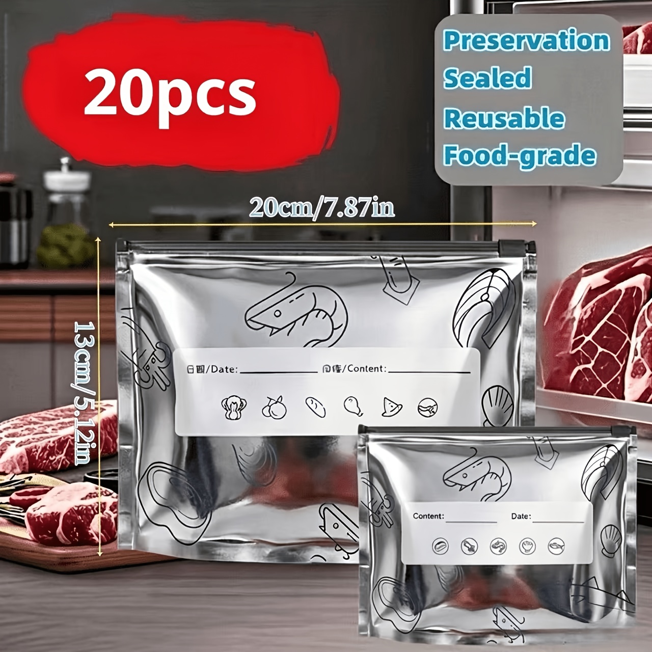 TEMU 20 stuks Herbruikbare Aluminiumfolie Voedselbewaarzakken, Afsluitbaar Ontwerp—Vocht- en Geurbestendig, Geschikt voor Koelkasten en Vriezers,