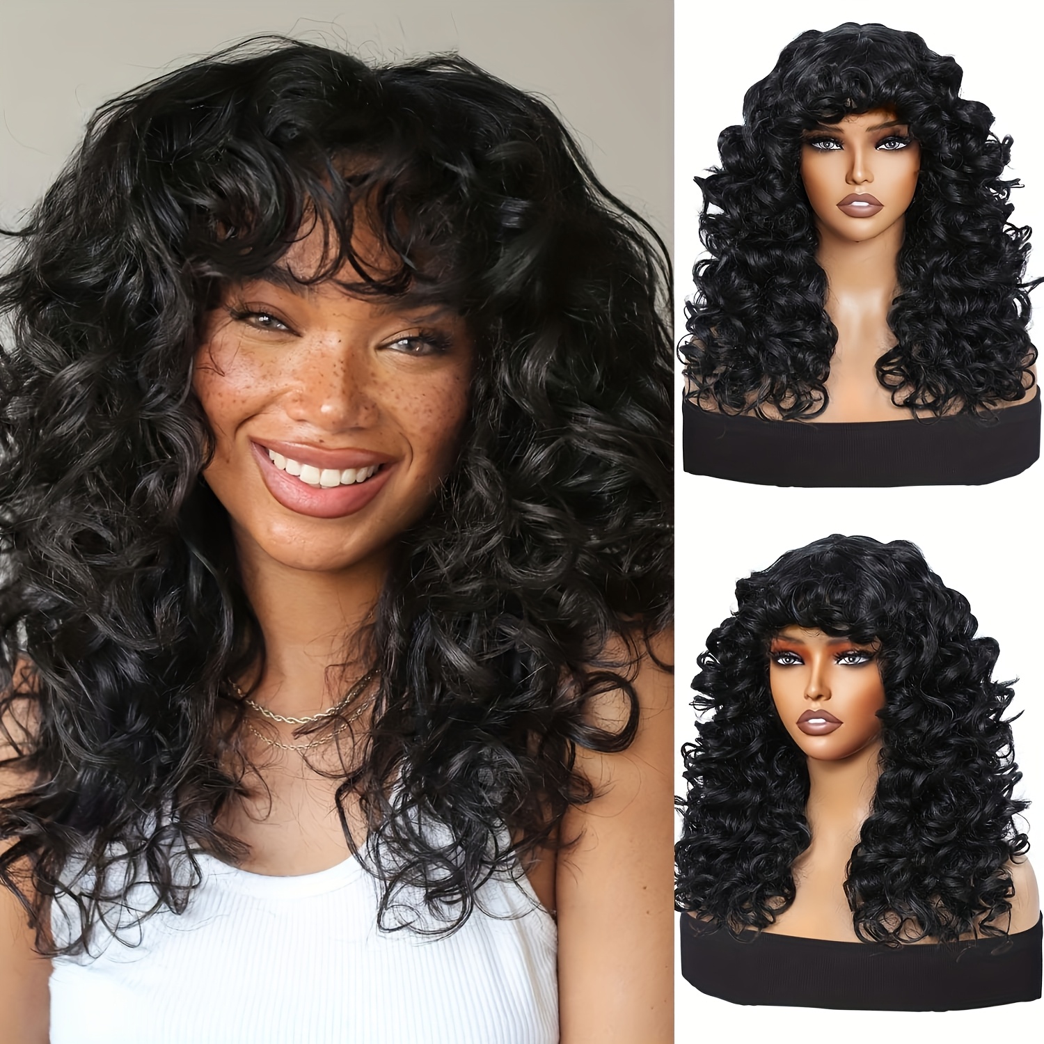 

20 Inch Long Curly Hair Wigs For Women Big Wigs With Bangs Synthetic Wigs Curly Wig With Bangs For Christmas Day