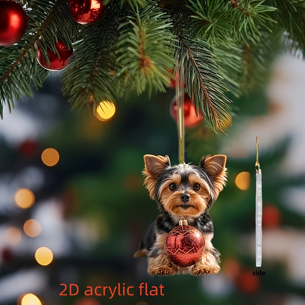 [2d Flat]1pc Yorkshire Terrier With Christmas Ball 2d Acrylic Ornament - Suitable For Car Rearview Mirror, Home Decoration, Keychain Accessory - Gift