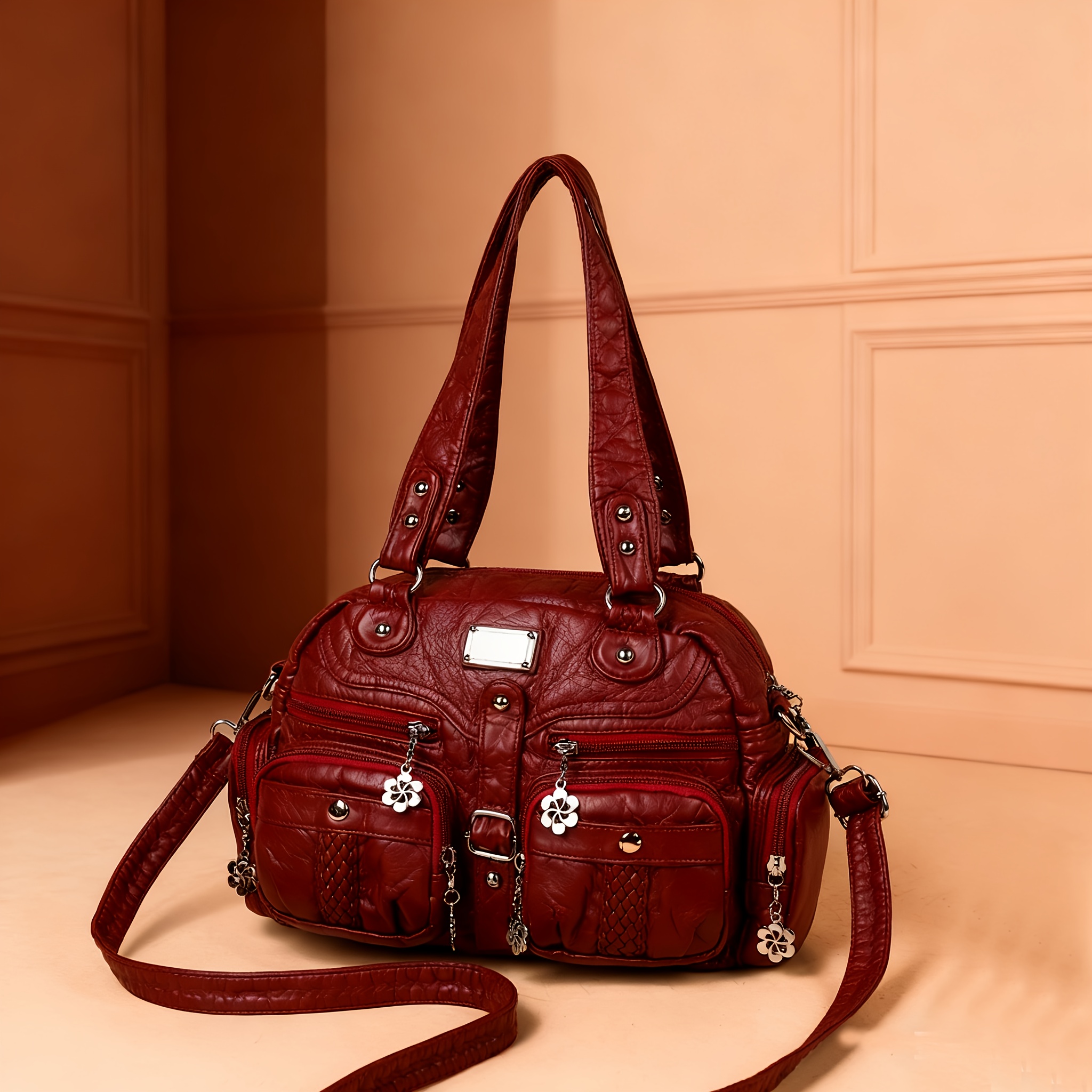 Image of Pu Women's Shoulder Bag, Crossbody Bag, Travel Bag, Multi Zipper Patch Bag Rivet Design, 4pcs Pockets On The Bag Body