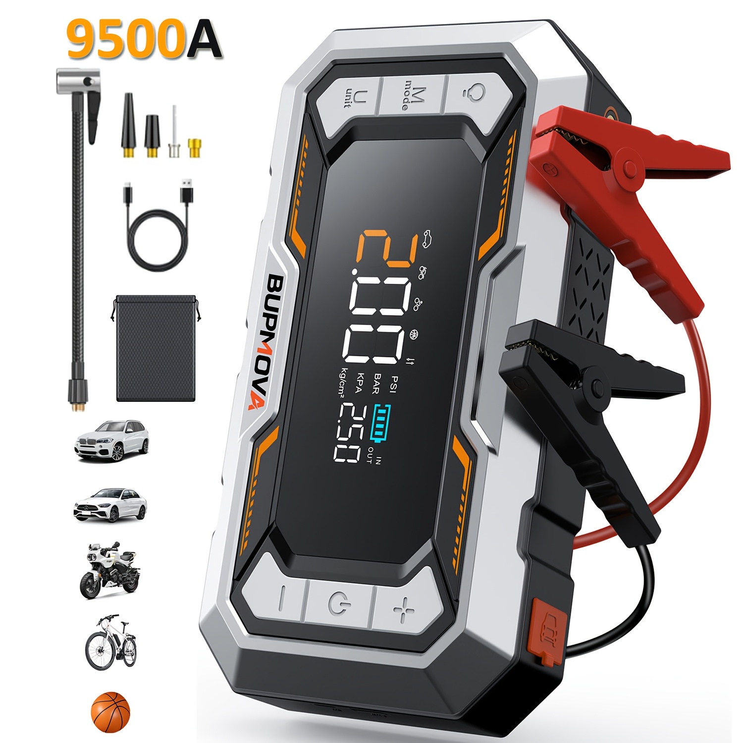 E-shop 9500A Auto Starthilfe mit Luftkompressor, kabellosem Reifenfüller, Autobatterie-Booster mit Powerbank-Paket & LED-Taschenlampen, 12V Auto