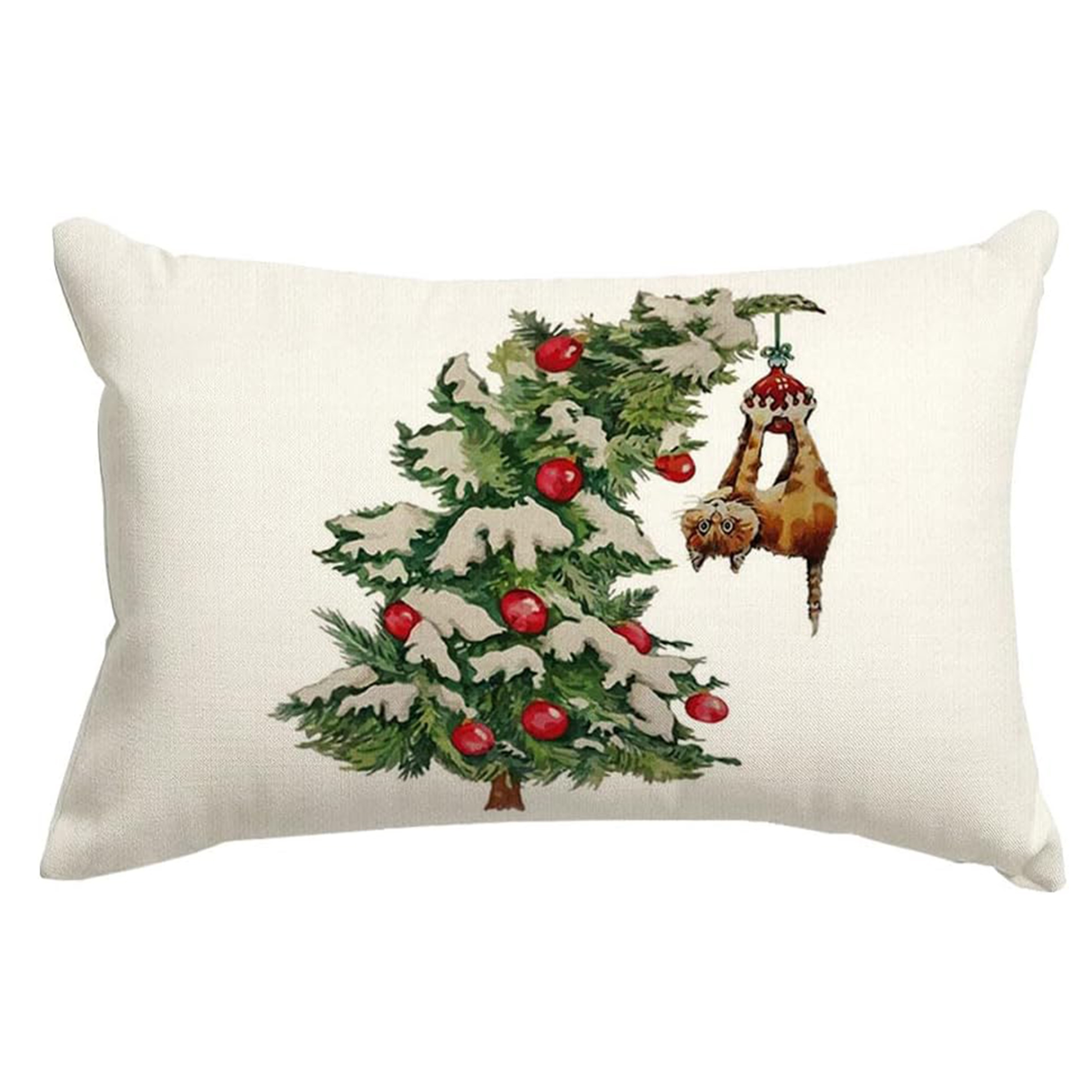 

1pc Christmas Lumbar Throw Pillow Cover 12x20 Inch, Contemporary Style Cat And Tree Decorative Cushion Case, Machine Washable Linen Zippered Pillowcase For Holiday Home Decor - Woven Couch Accent