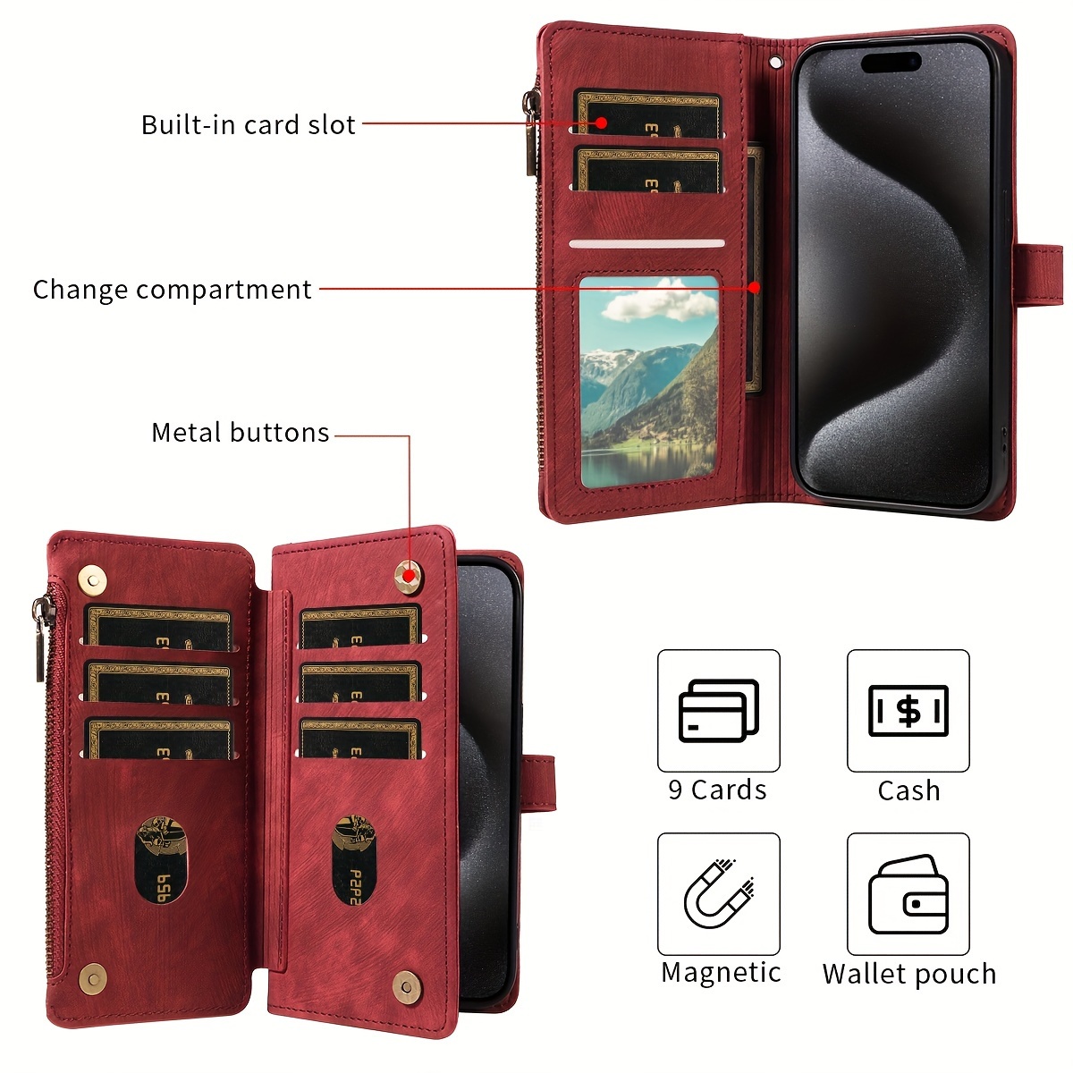 Portofel Retro din Piele Ecologică pentru Telefon cu Curea de Încheietură și Suport Carduri, Husă Protectoare