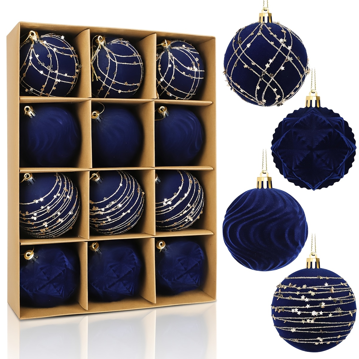 TEMU 12pcs Boules d'ornement de Noël en velours de 2,36 pouces/60 mm (, Marron, Bleu, Vert), Décorations de fêtes, Boules en plastique pour sapin de