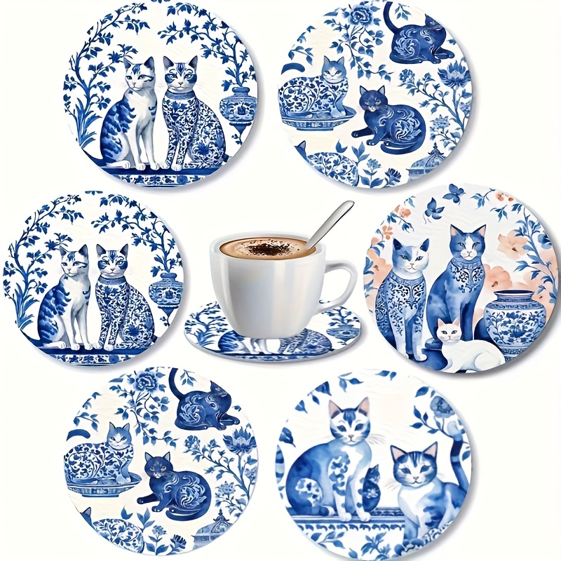 TEMU 6pcs Blue And White Porcelain Cat Design Wooden Coasters, 3.94x3.94 Inches - Elegant Floral Patterned Cat Motif Coffee Table, Kitchen Or Living