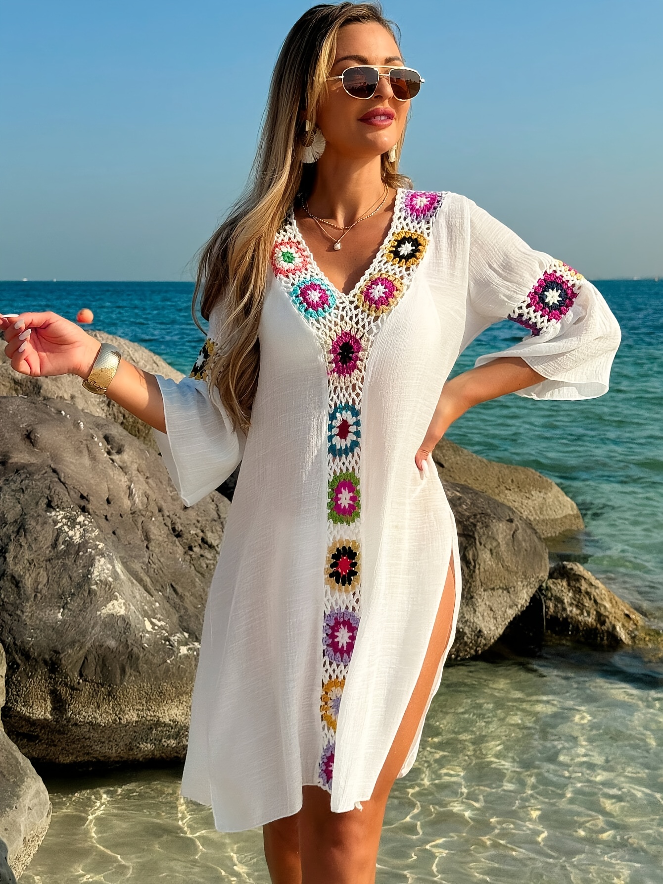 Robe de Plage Légère et Ample à Col en V avec Manches 3/4 pour Femmes Vcay - Coupe Croisée avec Fentes Latérales, Lavable en Machine pour la Natation d'Été, le Bateau & les Voyages