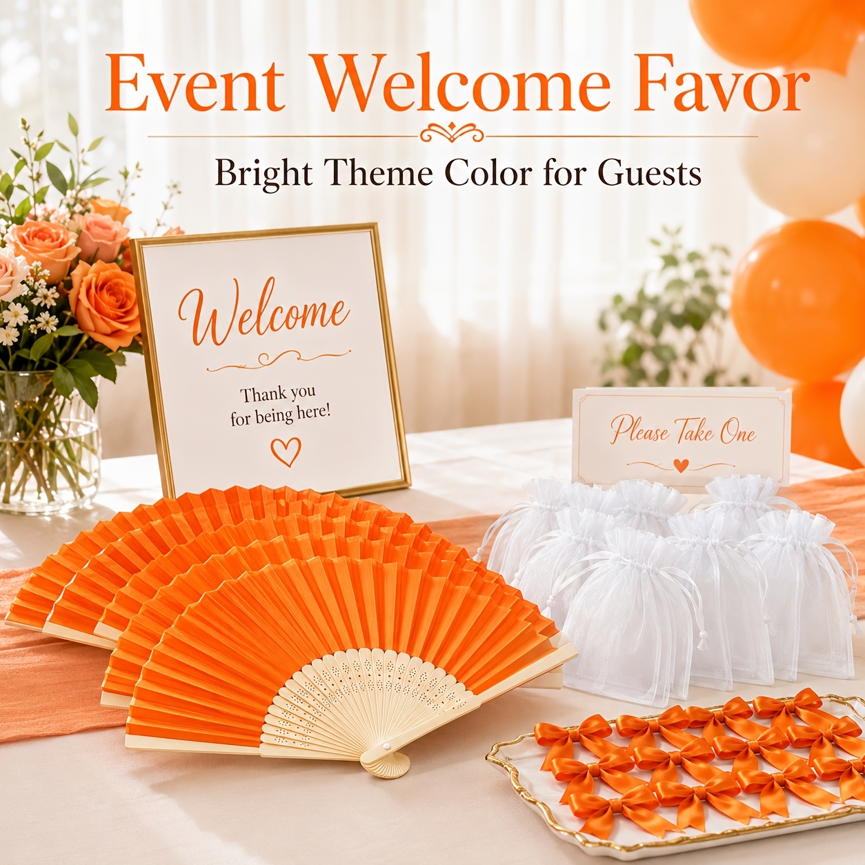 TEMU Ensemble de 33 pièces d'éventails pliants oranges personnalisés pour de mariage, 11 éventails à main personnalisés avec nœuds oranges et sachets
