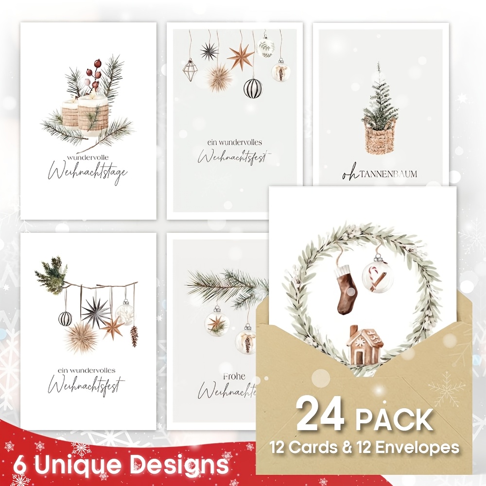 Image of 24pcs German Text Boho-style Neutral- Christmas Cards With Envelopes - Minimalist Watercolor, Suitable For Greetings, Holiday Gifts For Family & (german Language Cards)