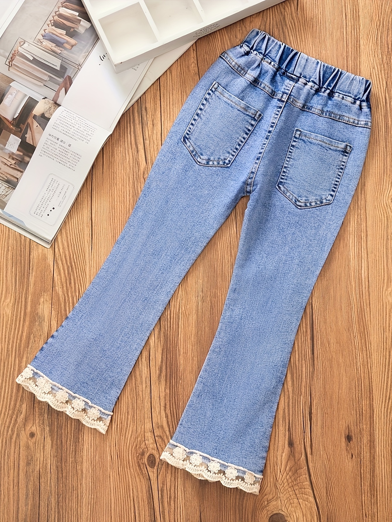 Pantalones De Mezclilla Rectos Con Cintura Elástica Para Niñas, Con Diseño De Corazón, Estilo Casual, Estilo Hip Hop, Lavado, Azul