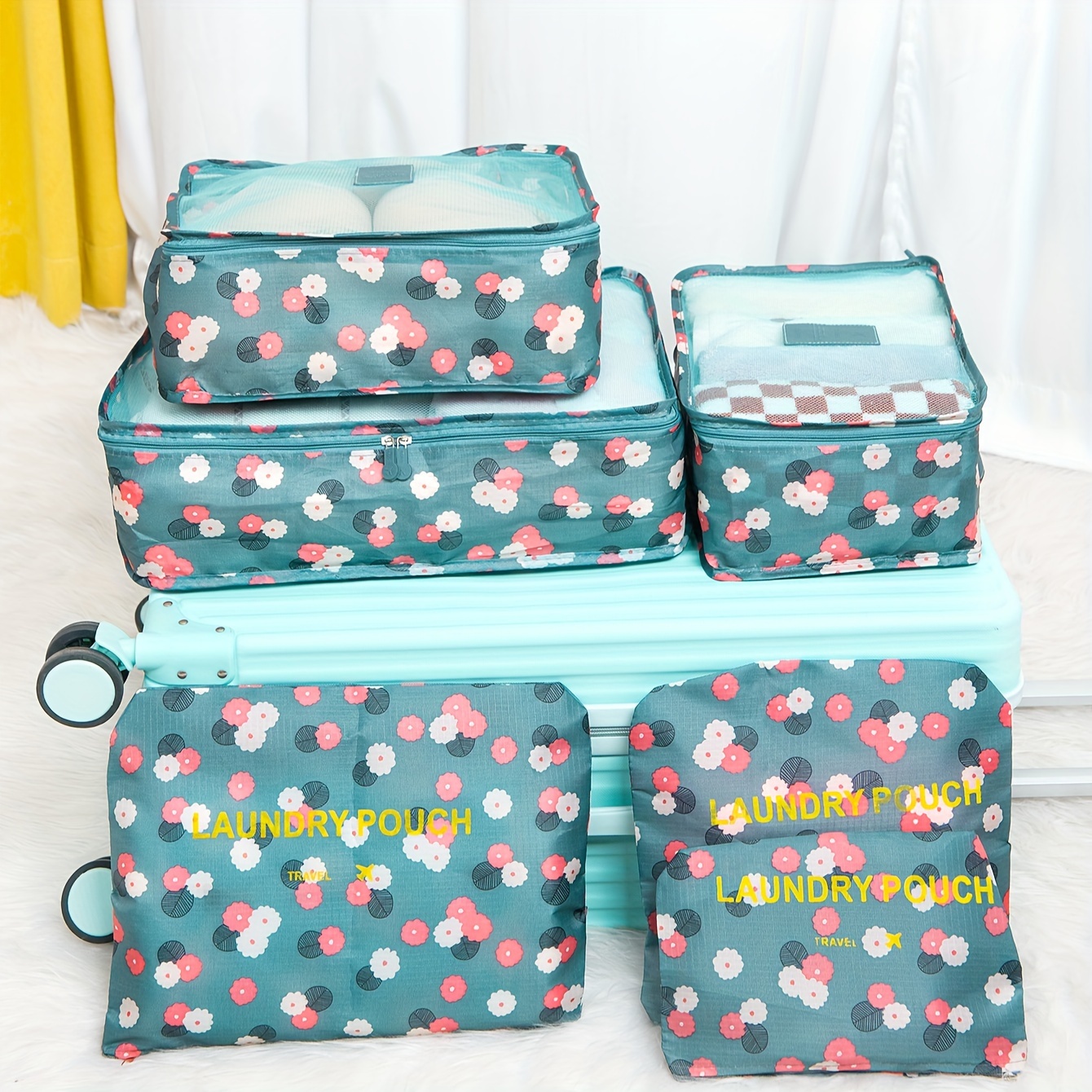 

6 Pcs Classic Flower Pattern Luggage Bag Set, Lightweight Multifunctional Packaging Cubes