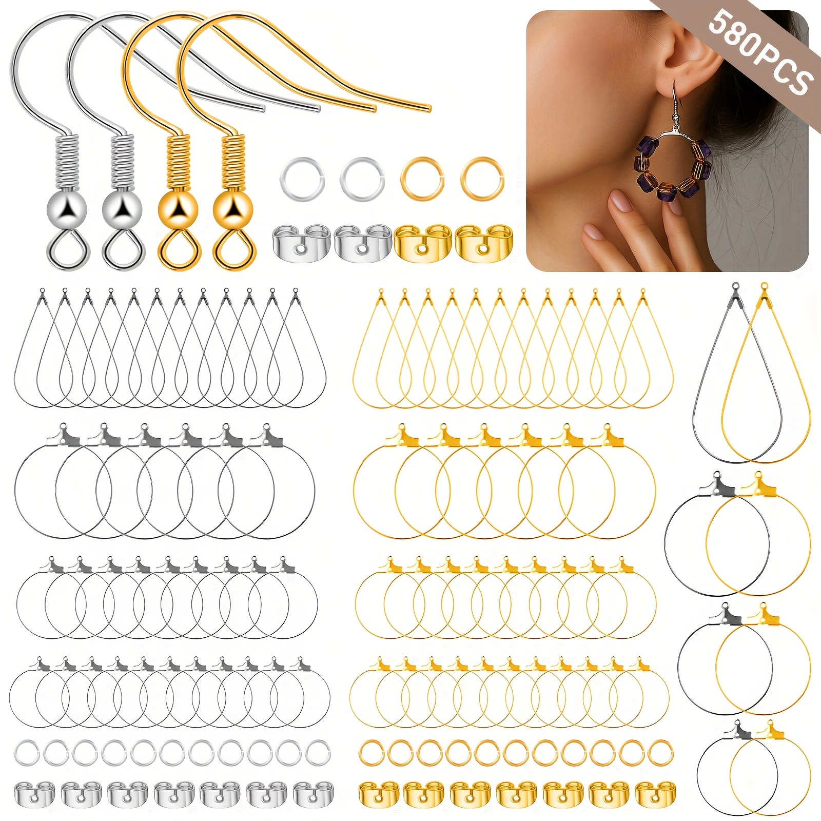 580pcs Earring Making Kit With Beading Hoop Earring Component Additions, Earring Hooks, Jump Rings, Earring Backs For Jewelry Making Craft