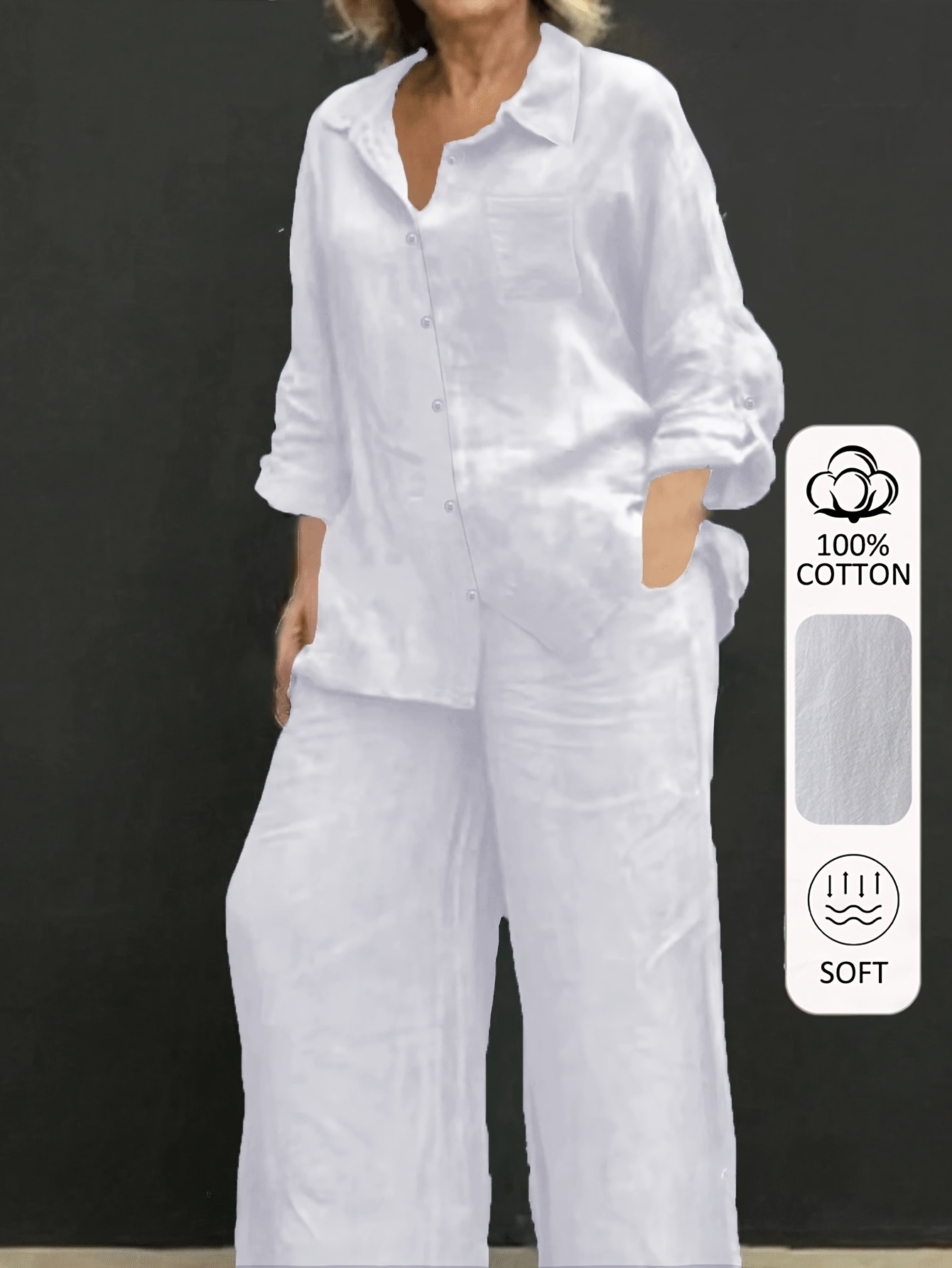   outfit for women featuring a solid color relaxed long sleeve top   with wide leg trousers this easy yet stylish ensemble   from soft comfortable fabric   vacations dates home or the office