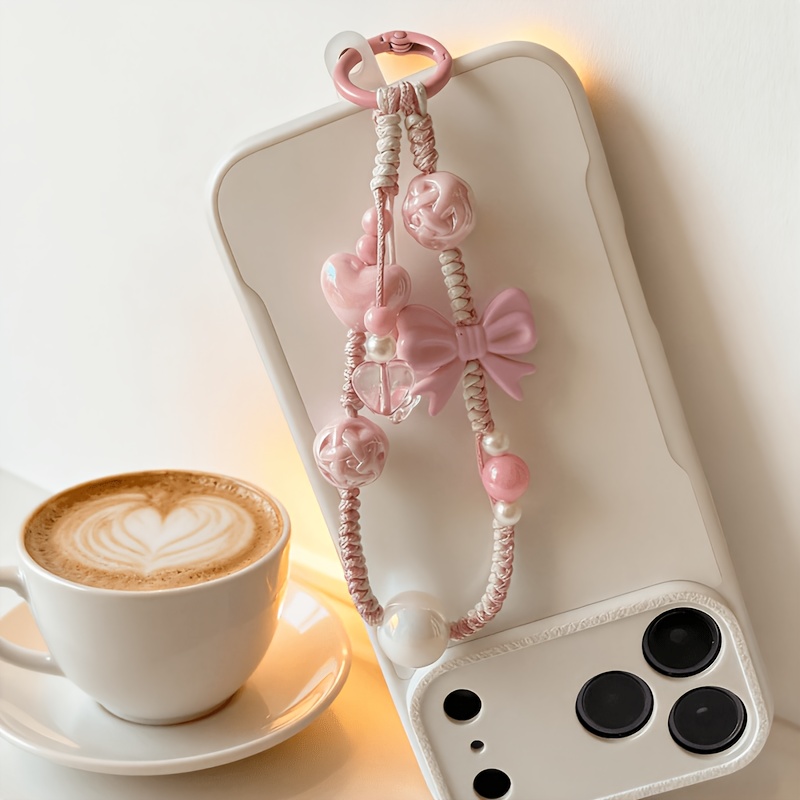 TEMU 1pc Sweet Pink Bow Heart Hand-woven Braided Phone Lanyard, Girly Beaded Short Wrist Strap, Versatile Phone Case Keychain Pendant