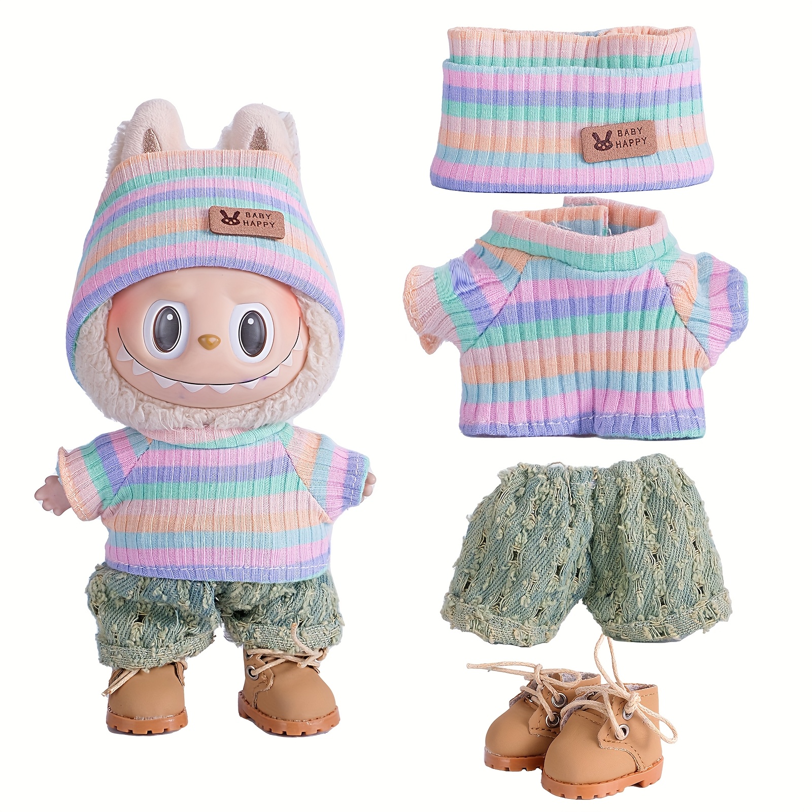 6.69英寸娃娃衣服，适合Labubu，带有3套装 - 时尚渔夫帽和毛衣和裤子或裙子套装，适合6.69英寸娃娃，非常可爱的Labubu配件，用于玩耍和展示（不包括鞋子和娃娃）