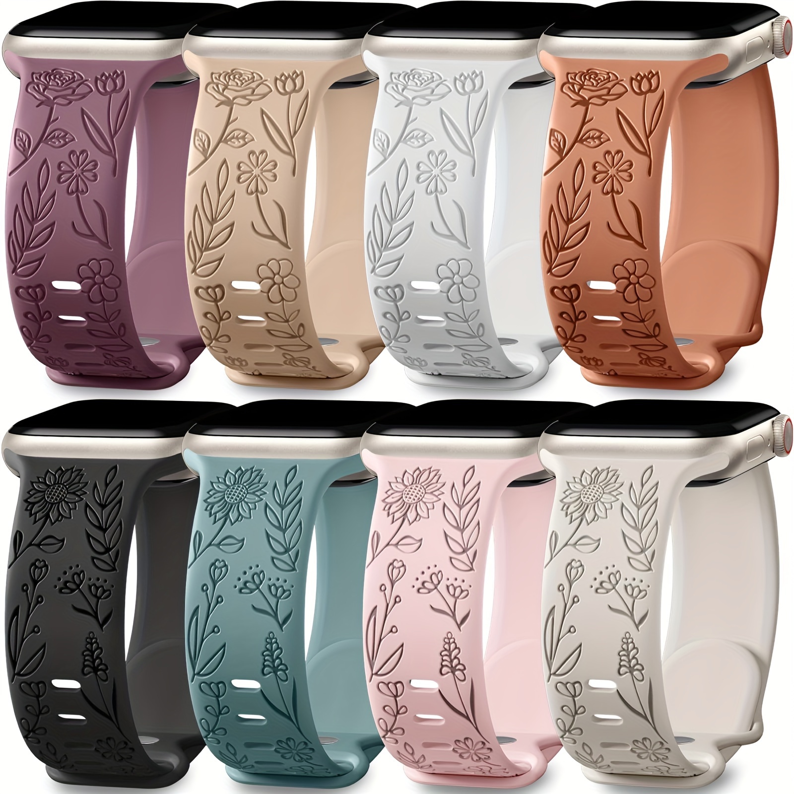 

8 Pack Bands For Women Watch 40mm 41mm 38mm 42mm 44mm 45mm 49mm Iwatch Series 9 8 7 6 5 4 3 Ultra 2/1 Se Se 2nd, Soft Silicone Floral Engraved Dressy Wrist Straps