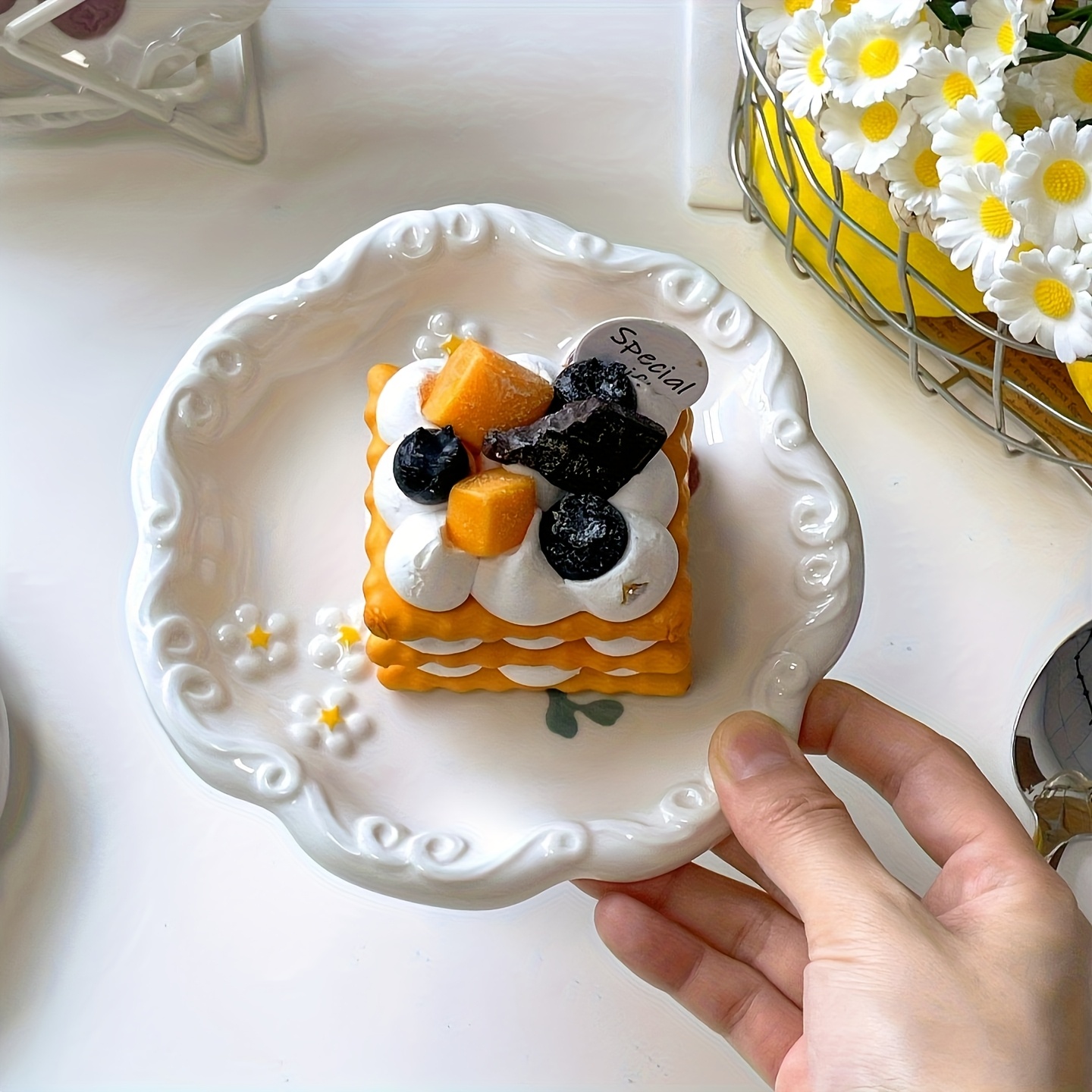 2pcs set of ceramic relief patterned plates fresh and cute bone spitting plates ceramic household new high end dining table garbage tray desktop exquisite small plate dessert plate   dining plate sushi plate coffee cup plate tea plate Product details 3