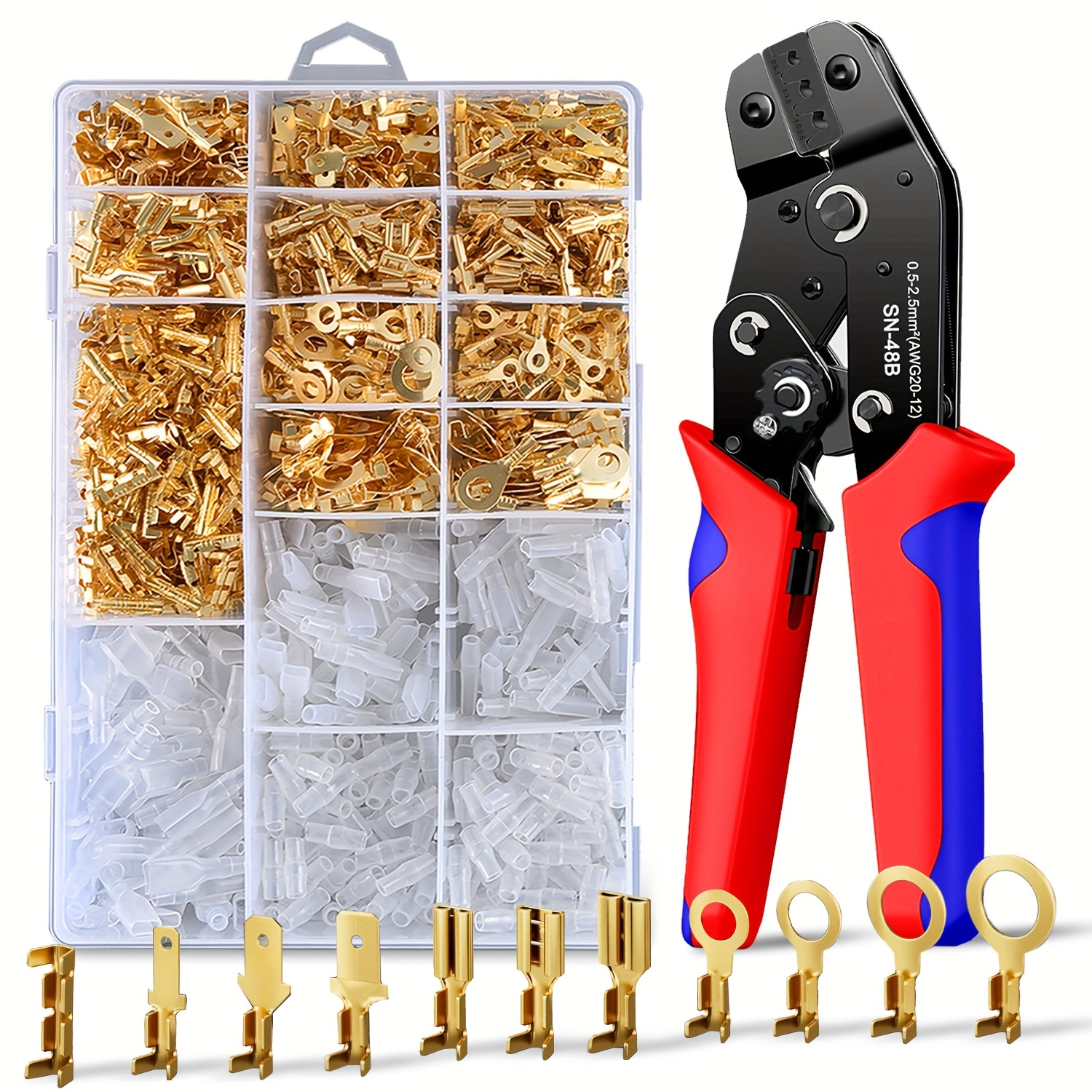 

Clamplus Crimping Tool Kit With 1000 Pcs Golden And White Terminal Connectors - Model Sn-4b, Range 0.5-2.5mm²/awg20-12, 4mm Jaw Thickness, 348g/7.67lb Weight, 195mm/7.68in Length