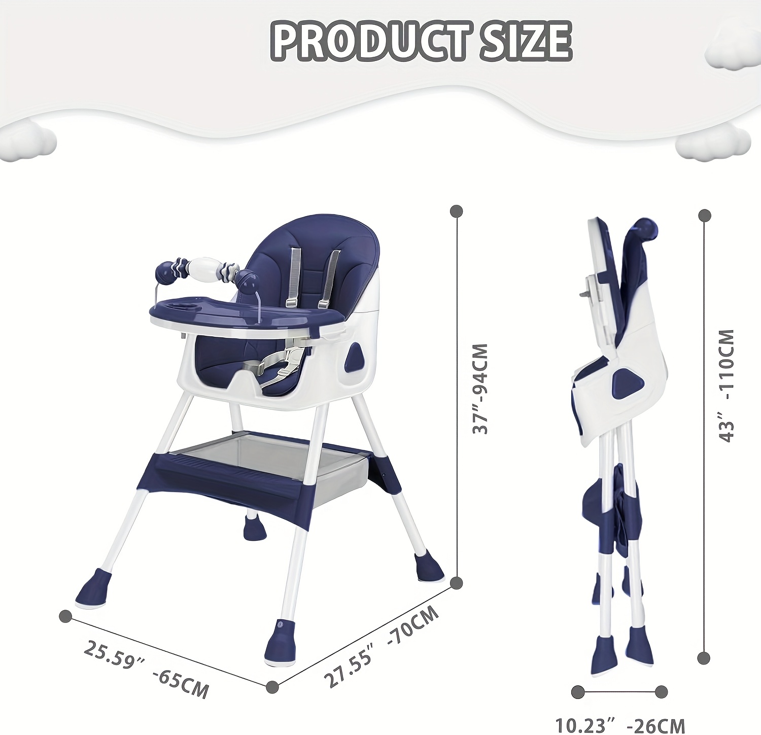 Adjustable Portable Dining Chair with 5-Point Harness, Tray & Wheels - Multi-Functional Eat, Drink & Play Seat with Ergonomic Backrest, Soft Cushioned Seat & Footrest - Modern Safety High Chair for Boys & Girls (Grey//Beige/Navy ) - Easy Assembly Required
