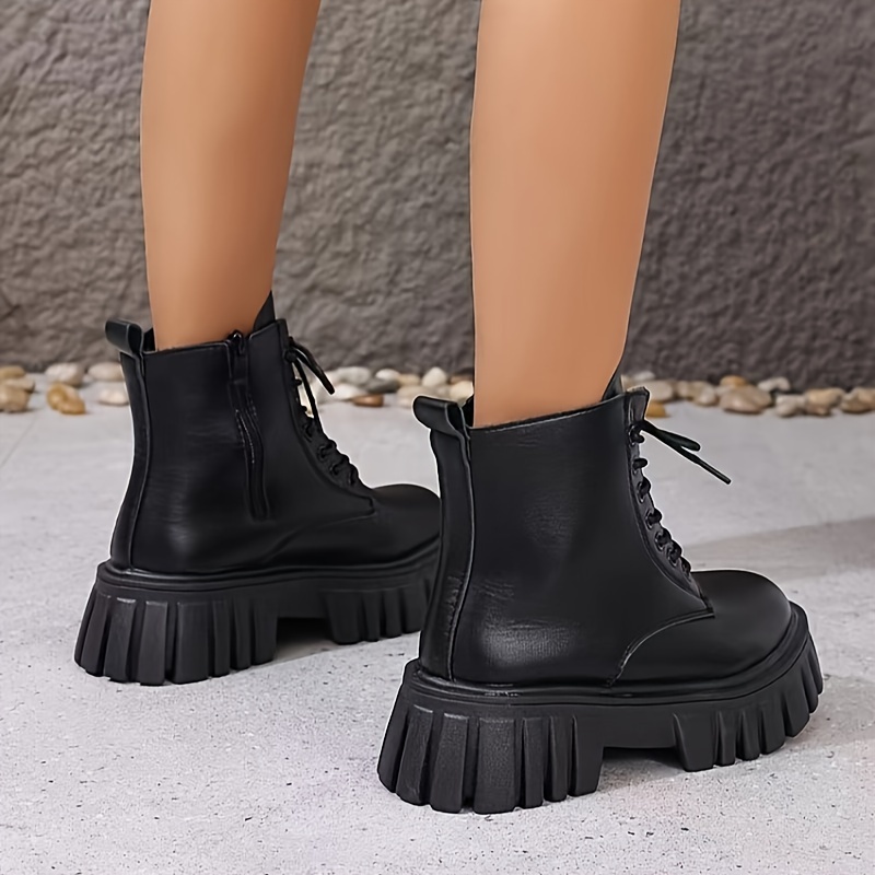 

Women's Platform Combat Boots, Solid Color Round Toe Lace Up Short Boots, Classic Design Lug Sole Outdoor Ankle Boots