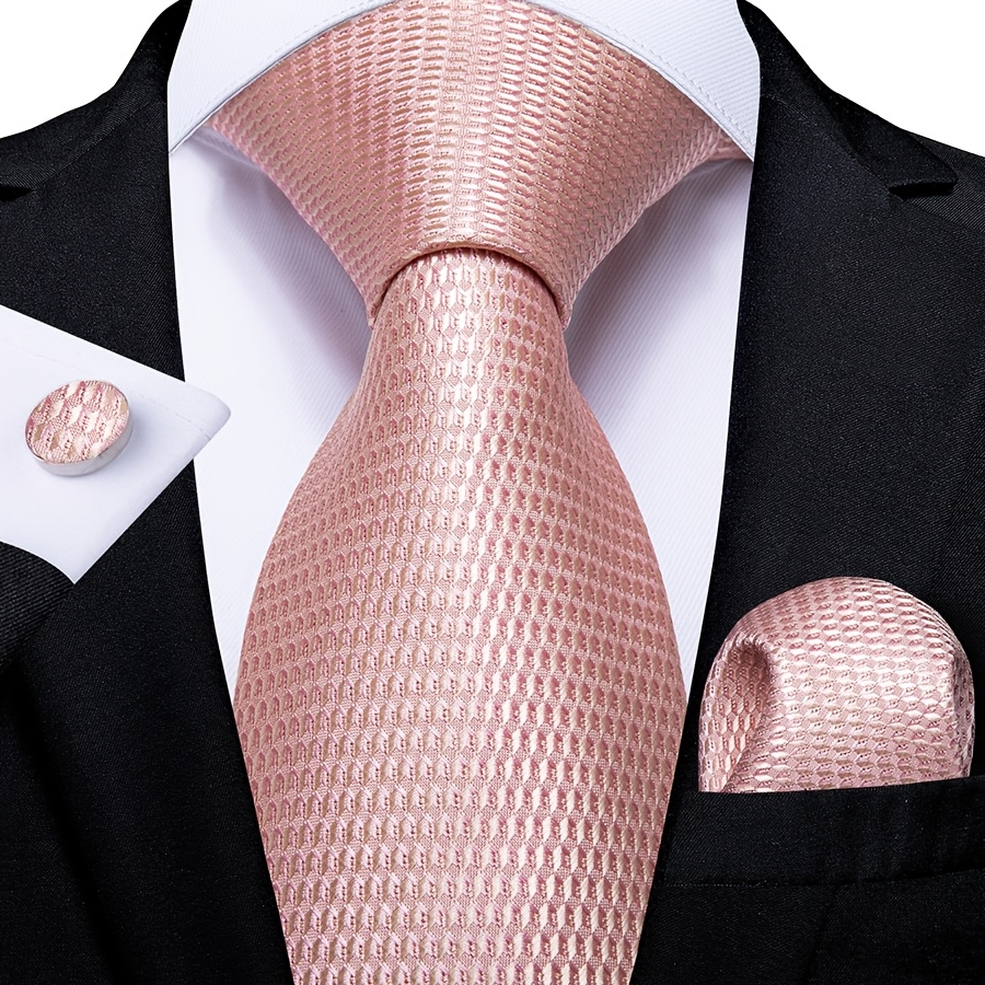 Men's 3pcs Tie Set In Soft Pink Grid, With Pocket Square And Cufflinks, Ideal For Spring Weddings, Bridal Showers, And Romantic Evenings
