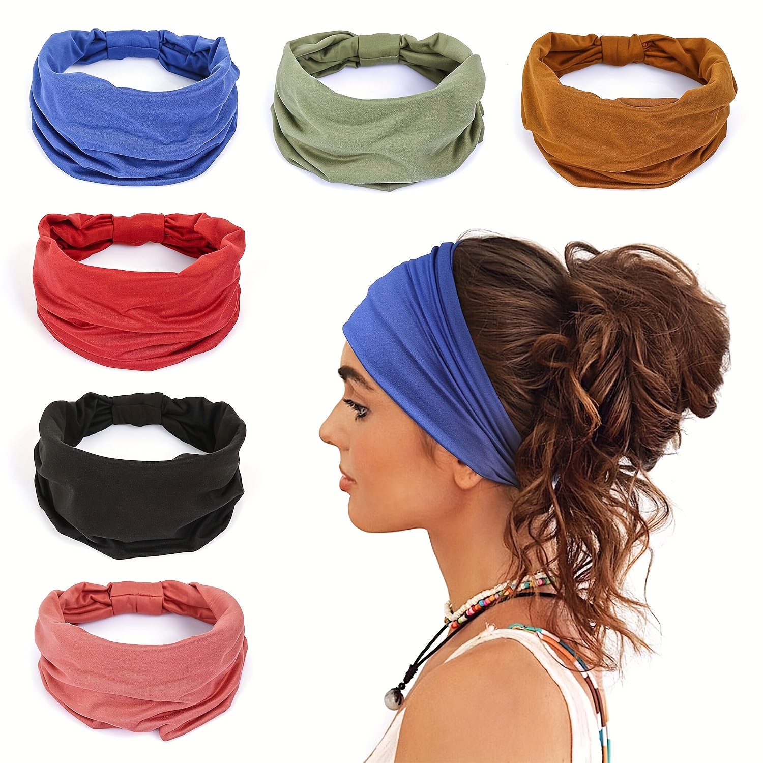 

6 Pack Wide Headbands For Women Non Slip Soft Elastic Hair Bands Yoga Running Sports Workout Gym Head Wraps, Knotted Cotton Cloth African Turbans Bandana
