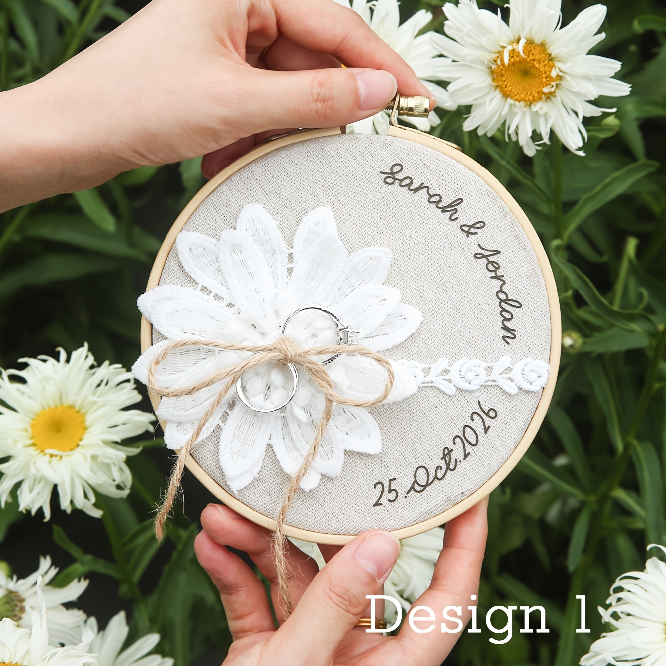 TEMU Cojín porta anillos floral con y personalizados, soporte de anillos de boda , decoración de bohemia personalizada, cojín de flores, bandeja de