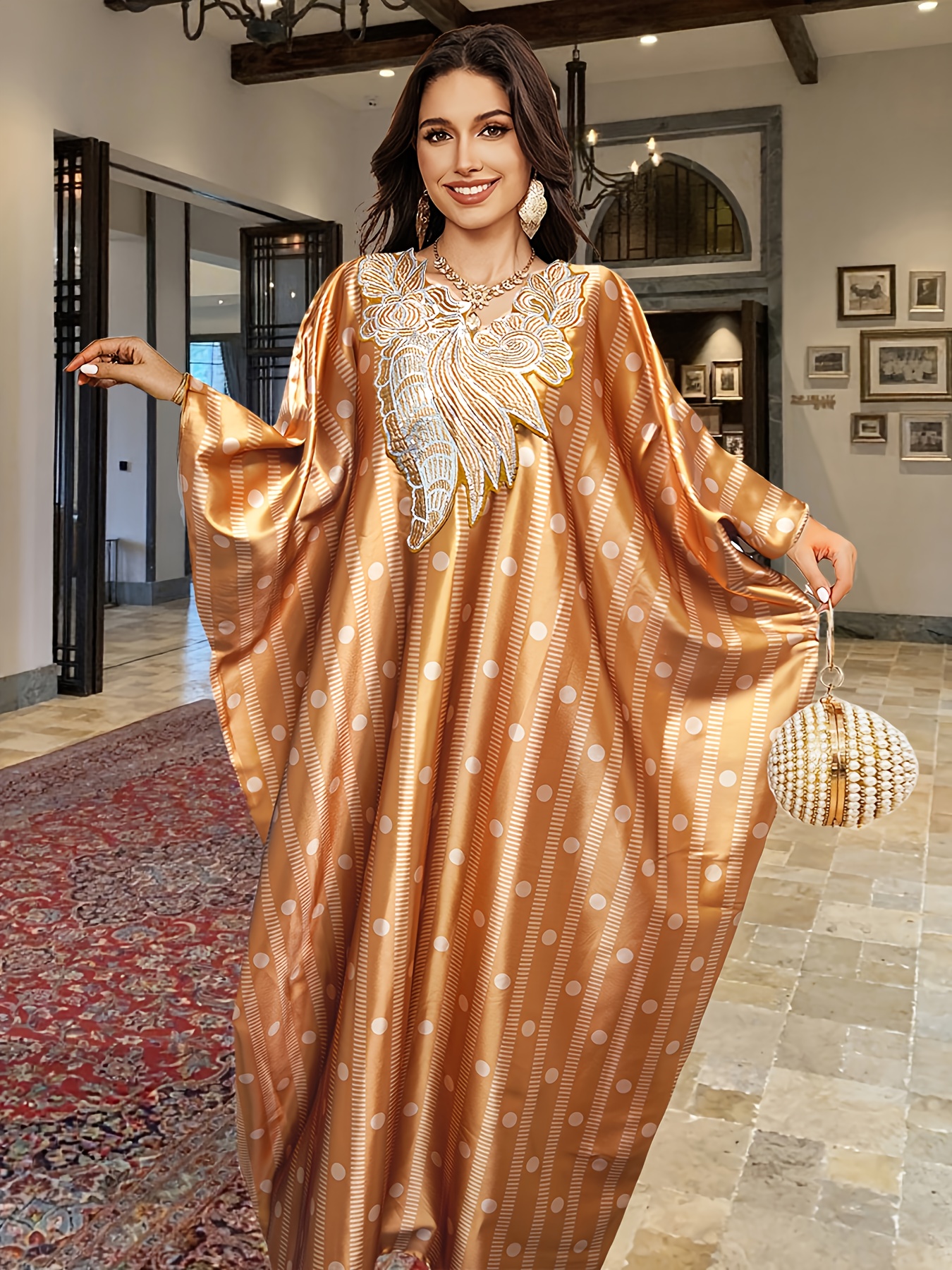 Women's Kaftan Robe - Elegant Maxi Dress with & Batwing Sleeves, Full-Body Mustard-Yellow Print ( Dress) for Beach Wedding, Daily Wear - Hand Washable Loose Fit Middle Eastern Gown