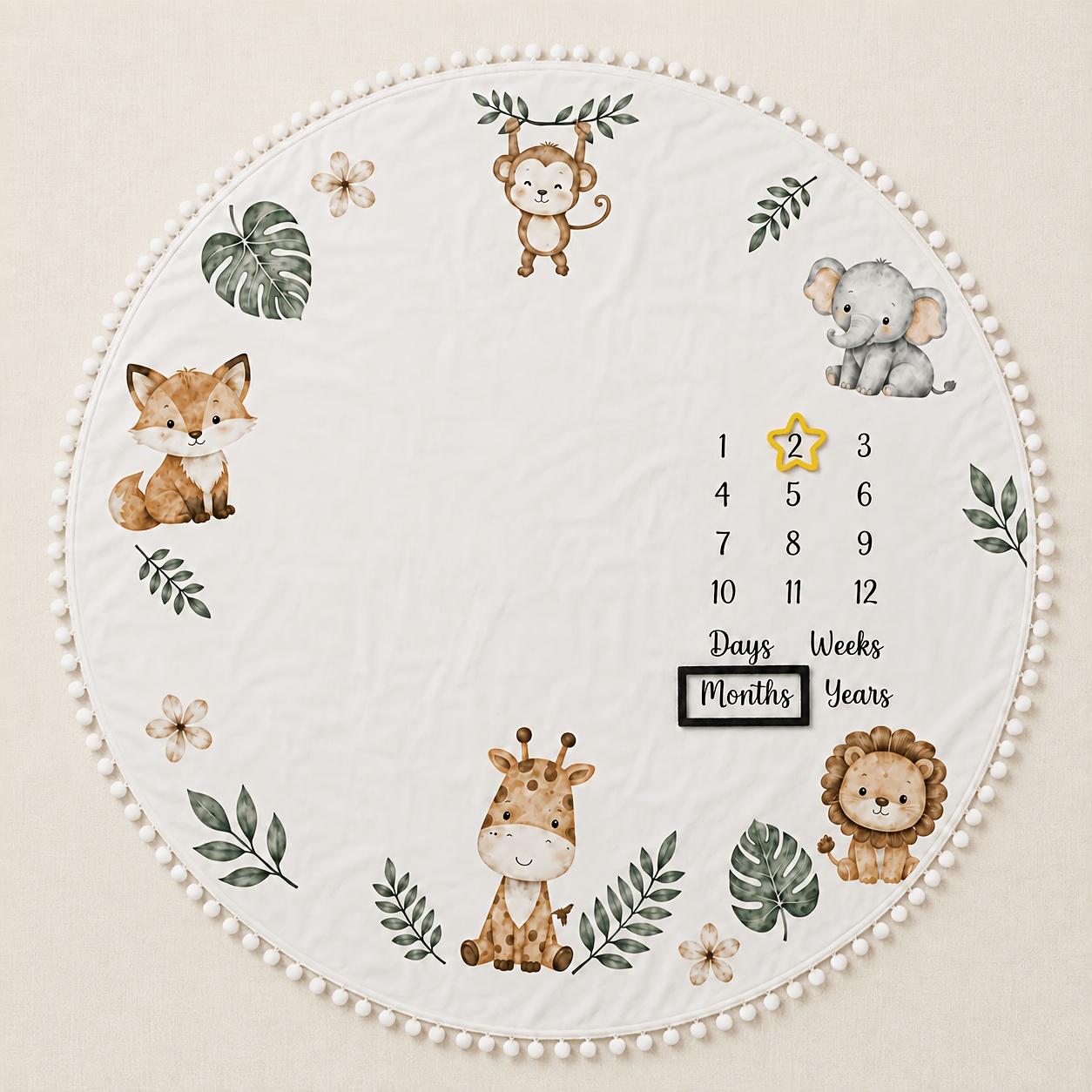 TEMU Accessoires de photographie pour nouveau-nés, couverture ronde pour jalons mensuels de bébé avec bordure pompon, accessoire photo de croissance