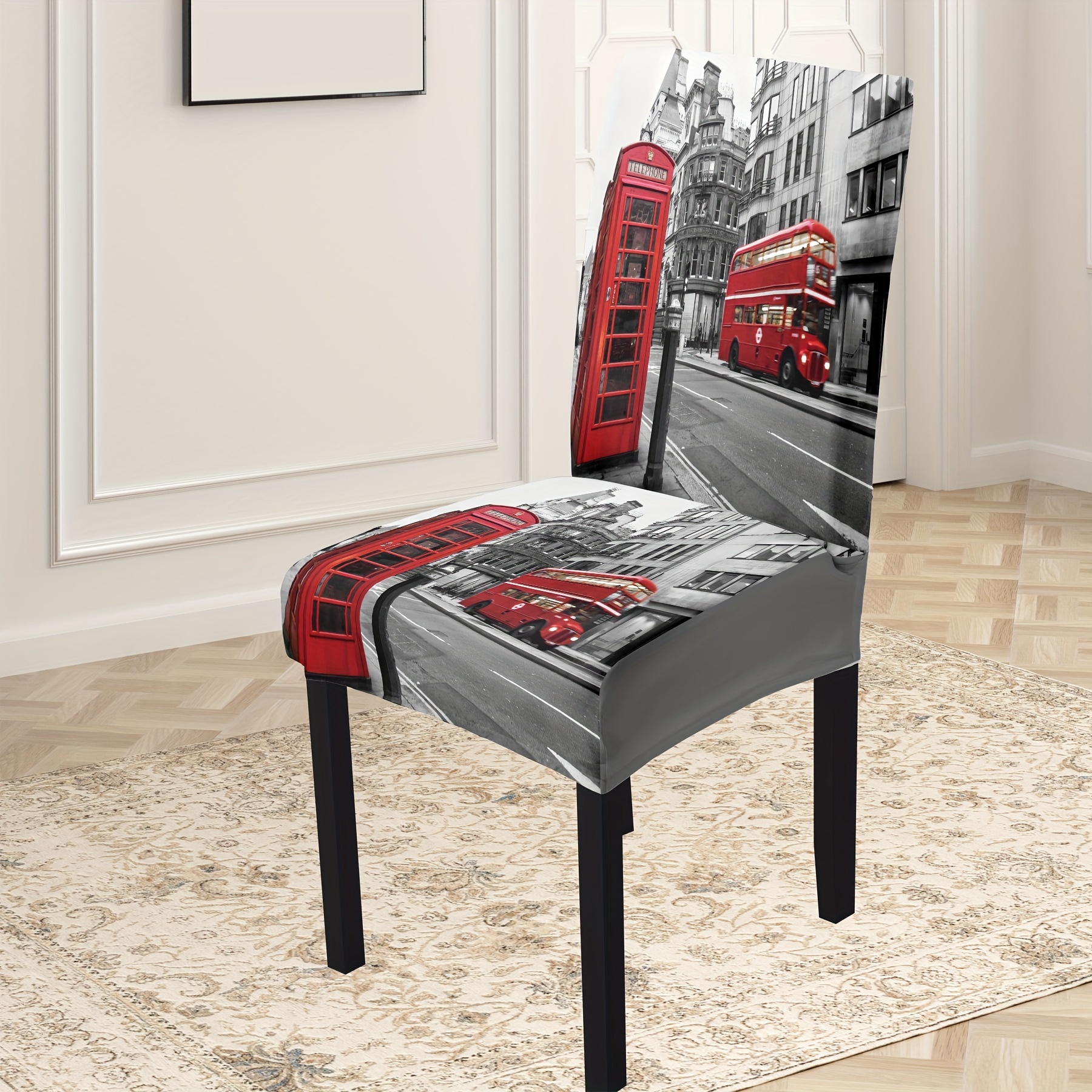 

Classic London Street Red Telephone Box & Bus Print Elastic Chair Slipcovers, Set Of 4/6, Stretchable Polyester & Spandex Blend, Machine Washable, Home Decor Dining Chair Covers With Secure Fit