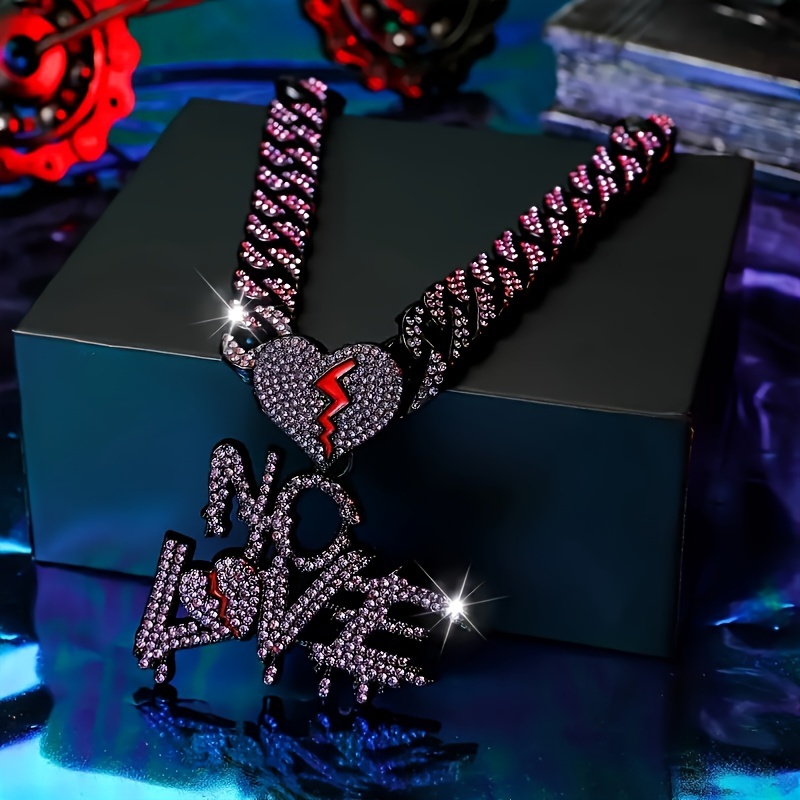 TEMU 1 Shiny No Love Pendant With Ice Cuban Chain, Miami Necklace, Men's And Women's Hip-hop Pendant, Necklace, Jewelry Gift